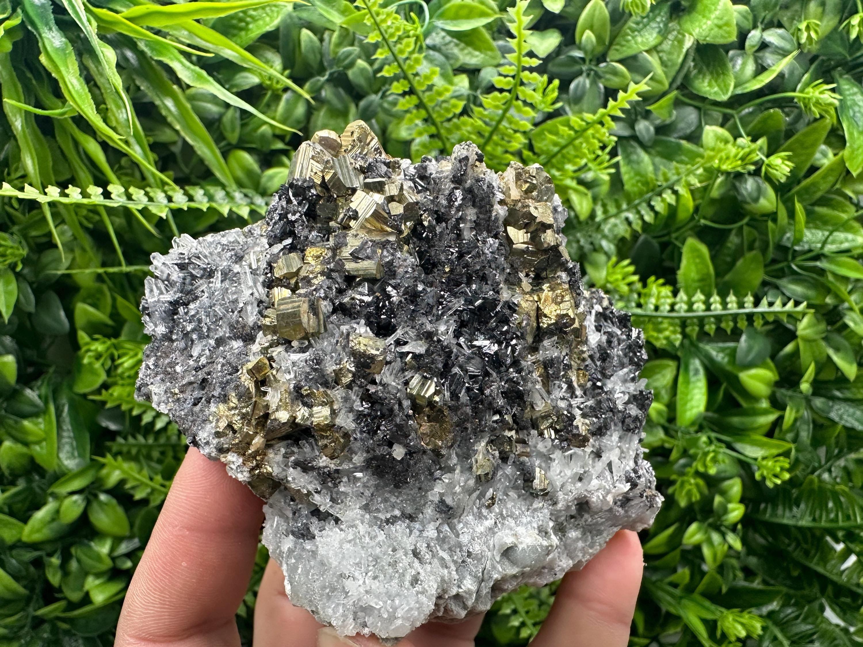 Rainbow Pyrite Cluster on Sphalerite Quartz, Borieva Mine Bulgaria