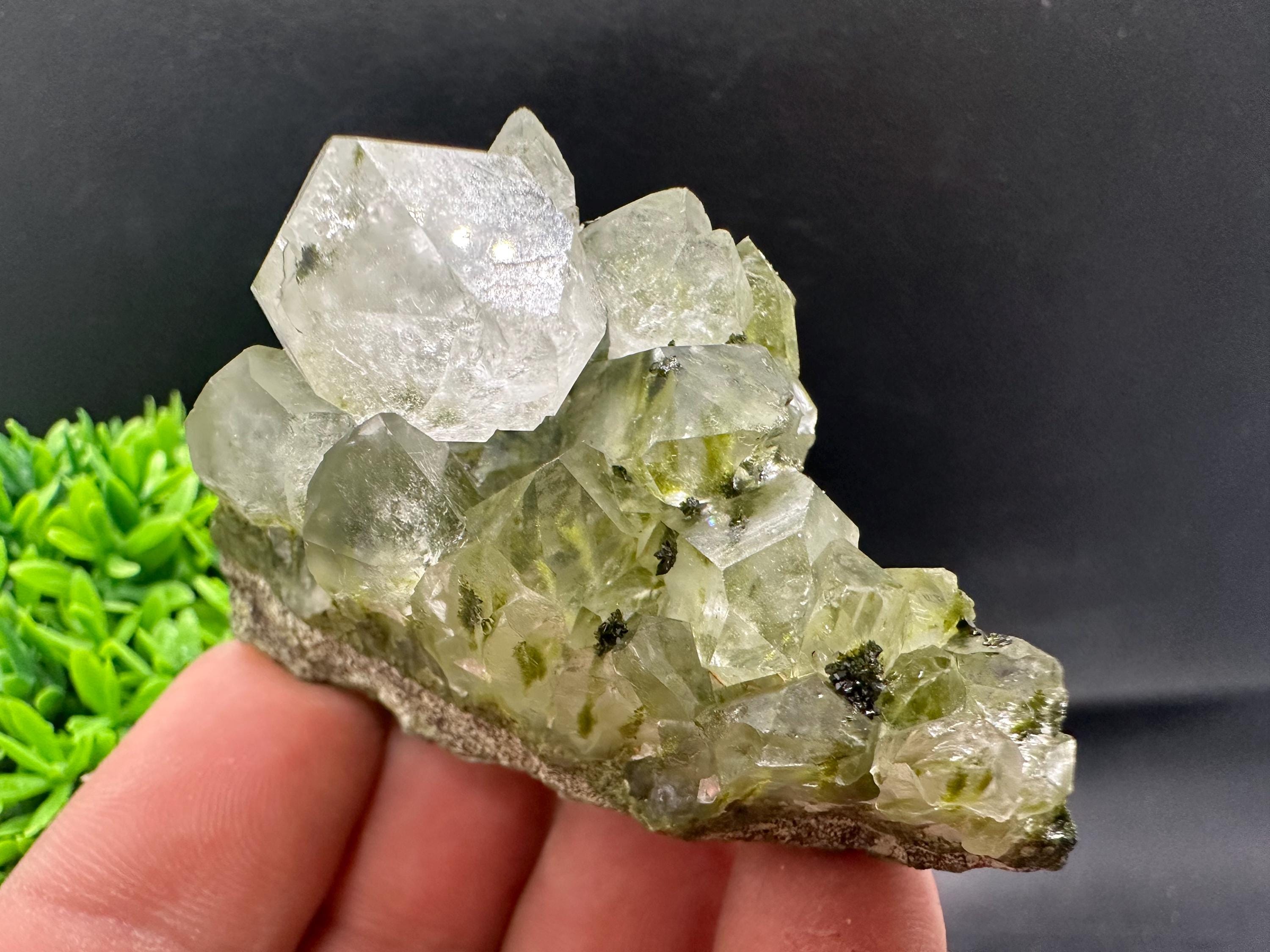 Rare Green Epidote with Quartz Crystals: Sparkly Rainbow Mineral Decor