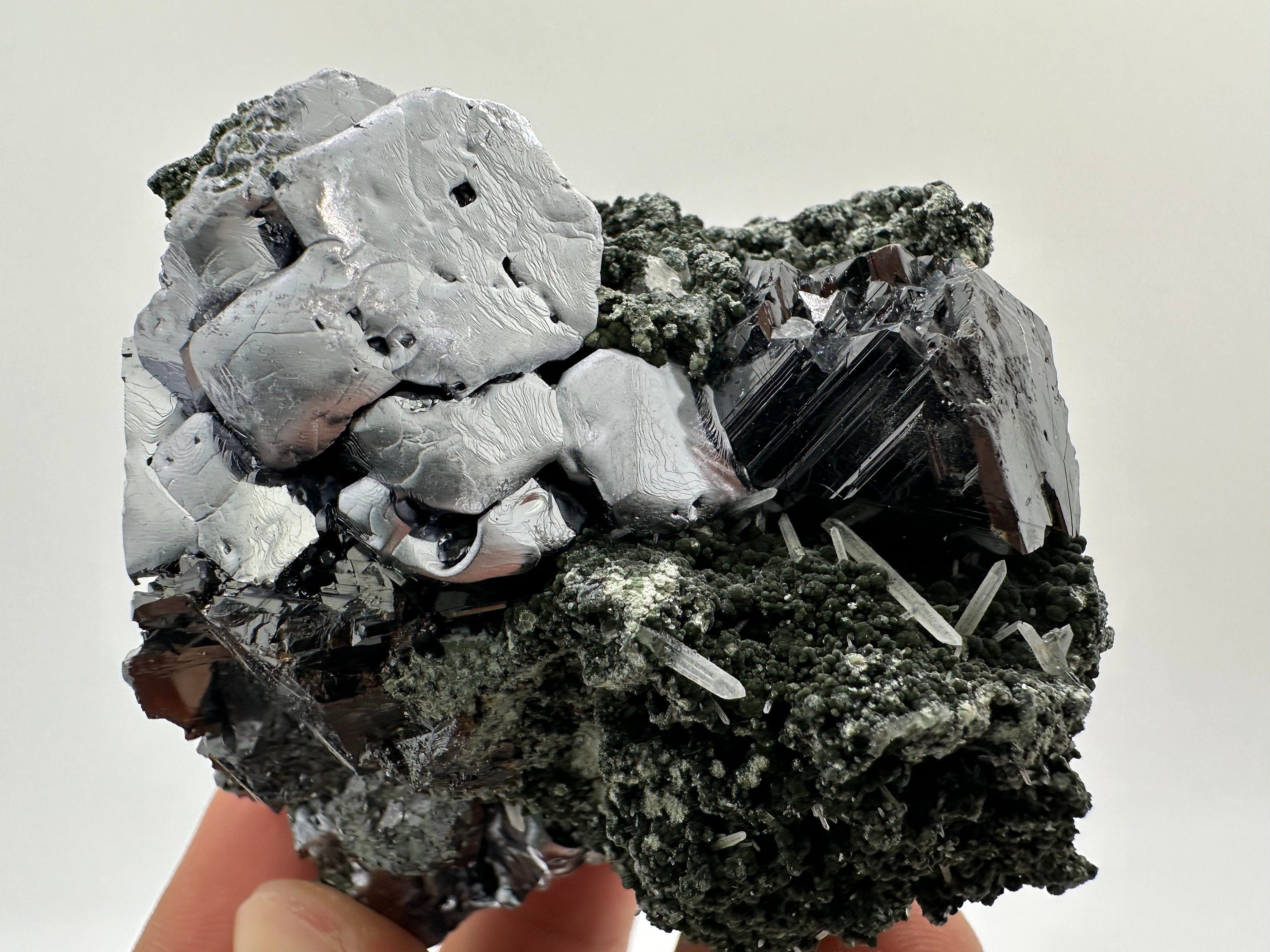 Galena, Calcite, Sphalerite on Quartz with Chlorite: Collection Mineral Decor