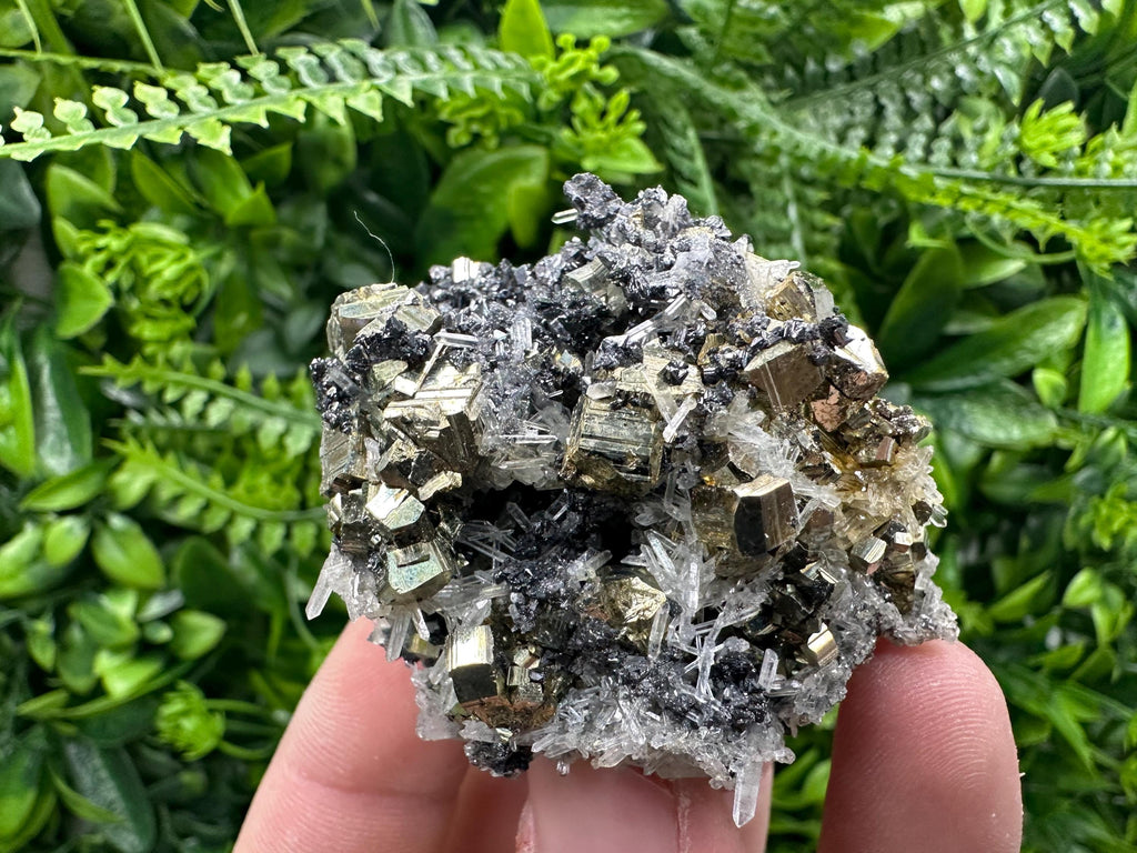 Rainbow Pyrite Cluster on Sphalerite Quartz, Borieva Mine Mineral Specimen