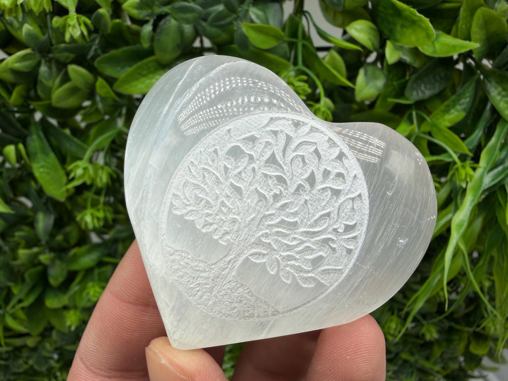Selenite Heart with Tree of Life  Crystal Heart – Reiki Healing Crystal – Meditation Stone – Spiritual Altar Decor – Tree of Life Crystal