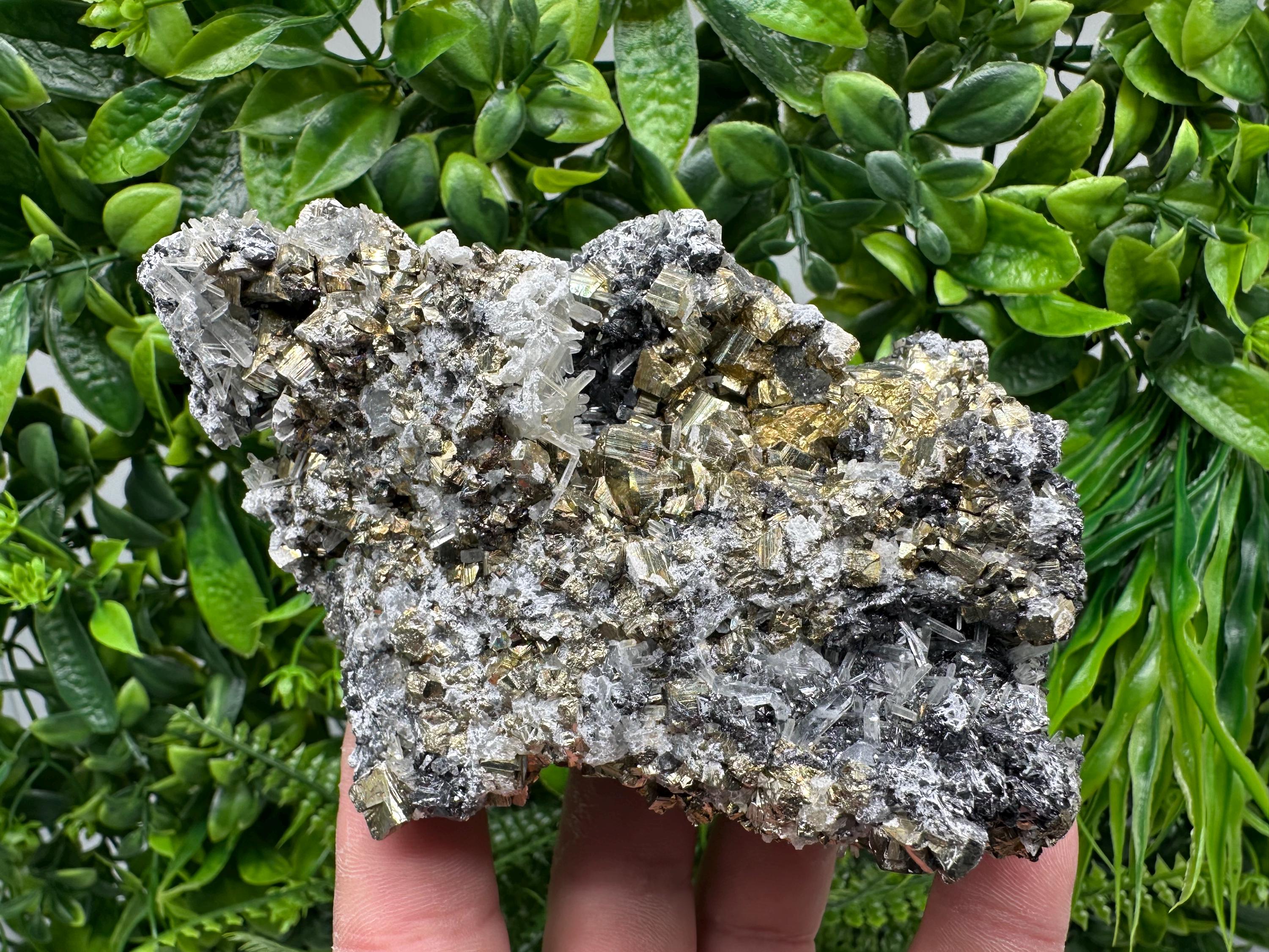 Rainbow Pyrite on Quartz with Oxide, Natural Minerals Decor, Borieva Bulgaria