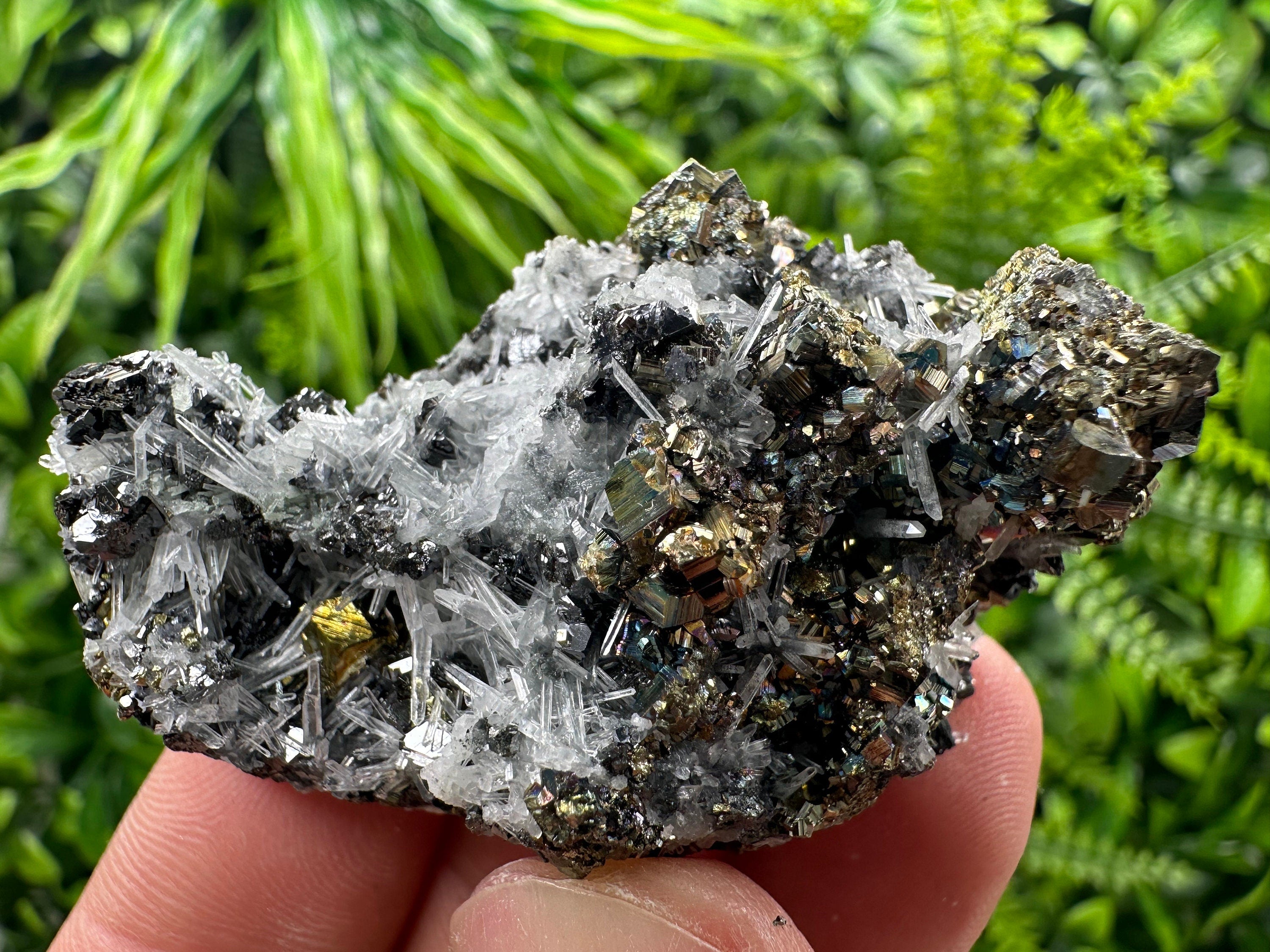 Rainbow Pyrite Sphalerite on Quartz: Natural Crystal Home Decor