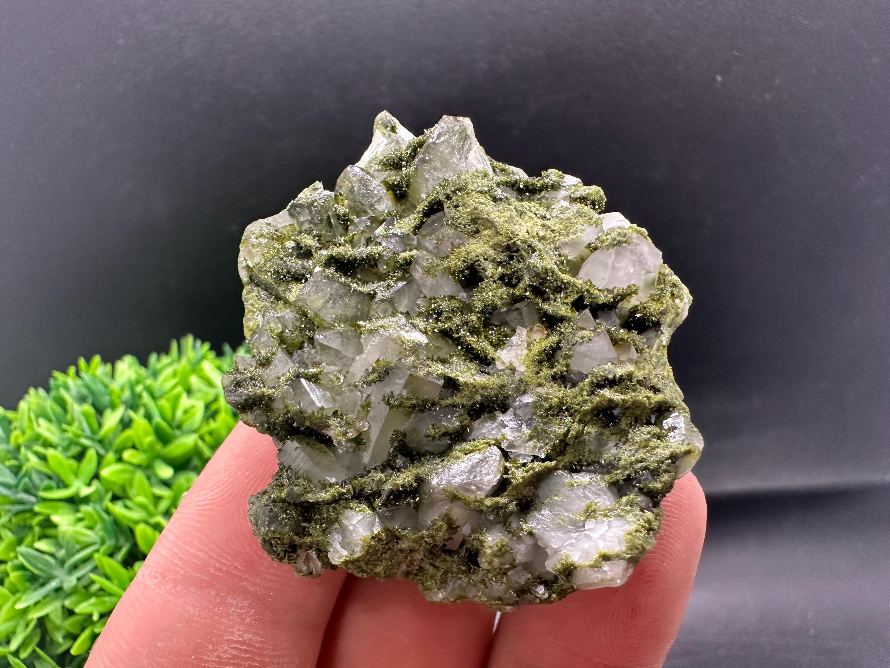 Rare Green Epidote with Quartz Crystals: Sparkly Rainbow Stone, Turkey