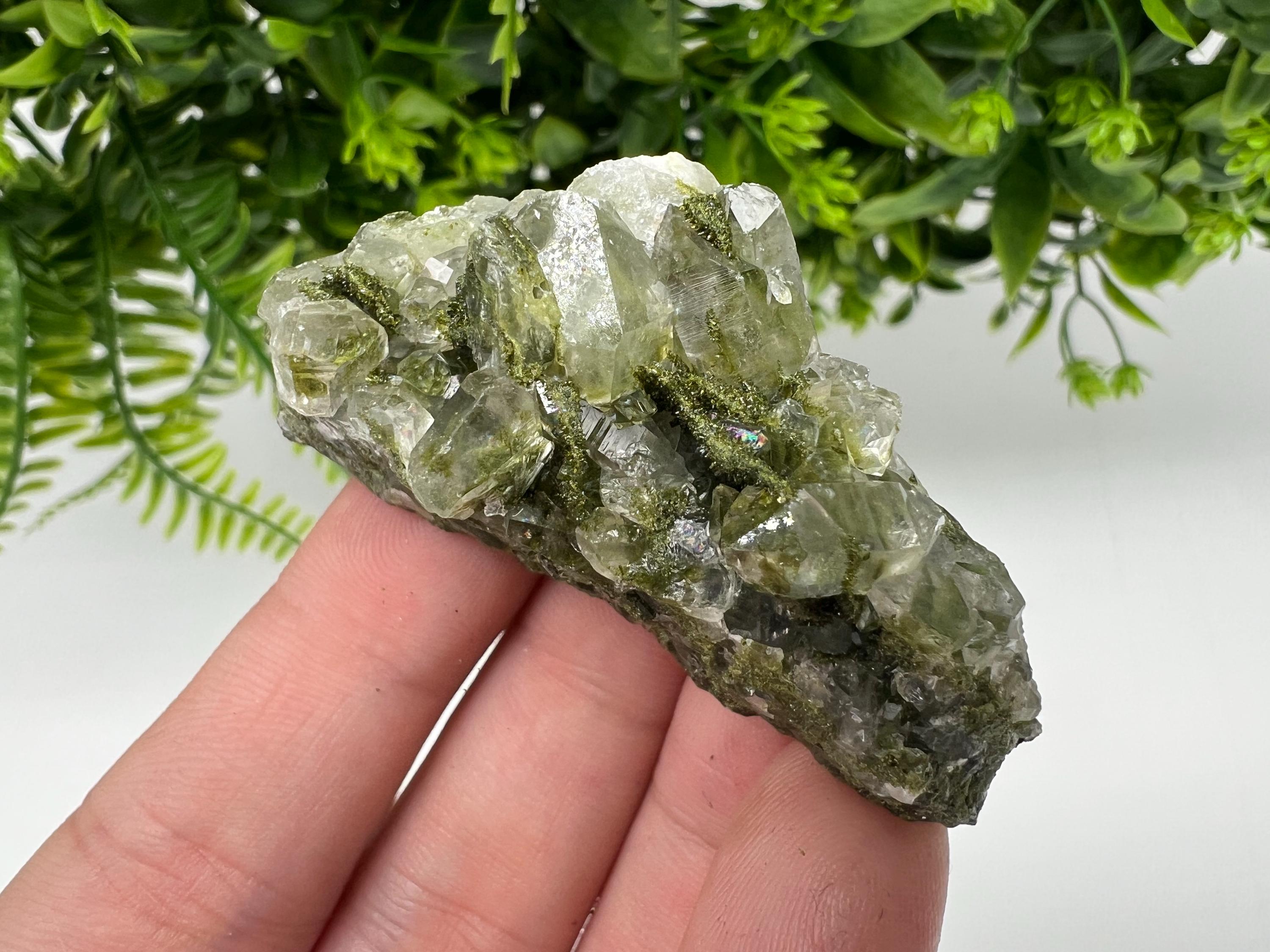Green Epidote with Quartz Crystals: Sparkly Rainbow Stone, Turkey