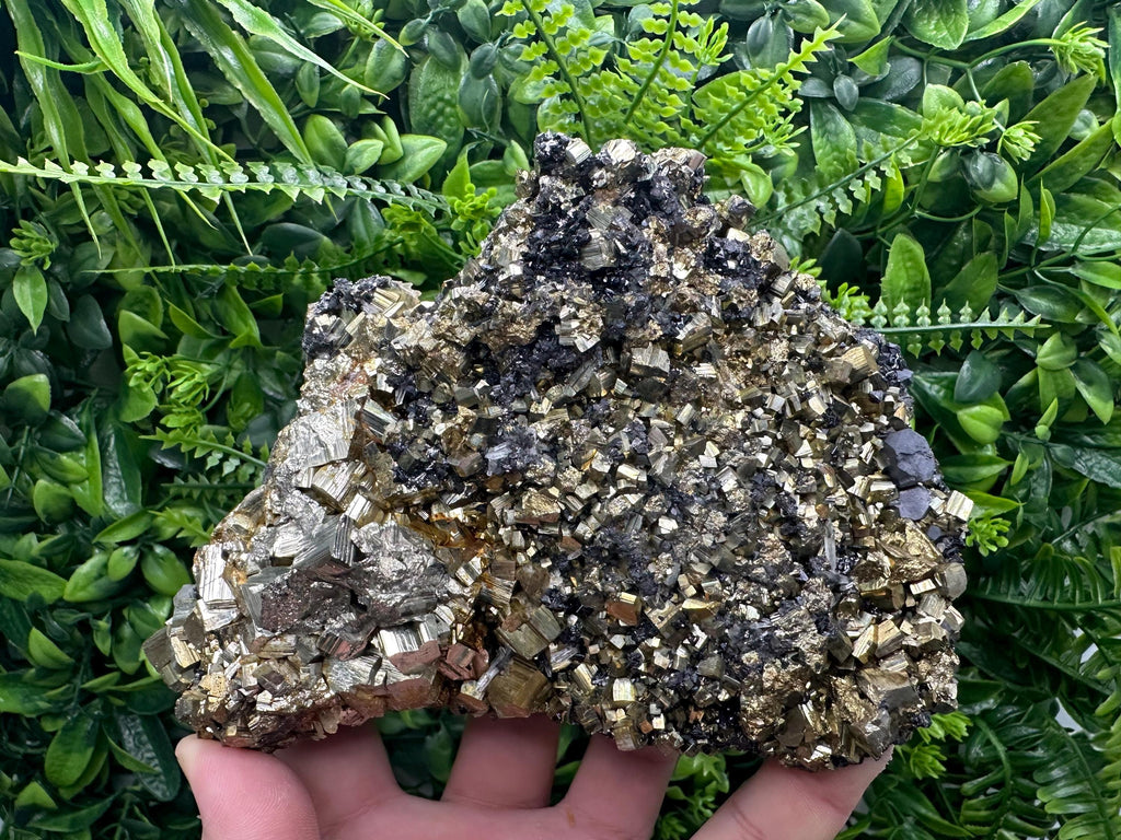 Rainbow Pyrite Cluster on Sphalerite, Borieva Mine Mineral Specimen