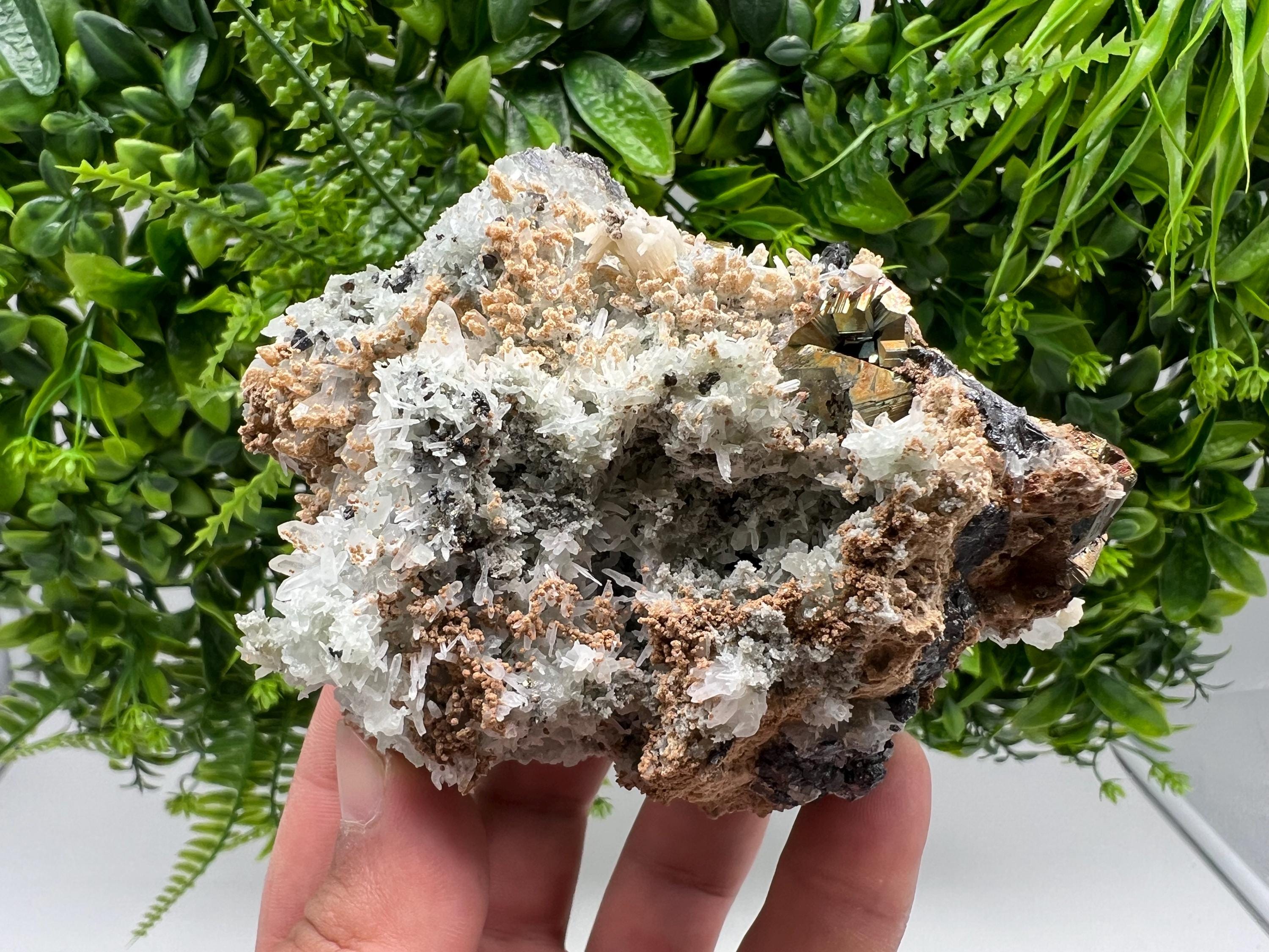 Wonderful Rainbow Pyrite,Sphalerite on Quartz from 9 th September mine,Madan,Bulgaria natural,collectibles mineral specimen,home decor stone