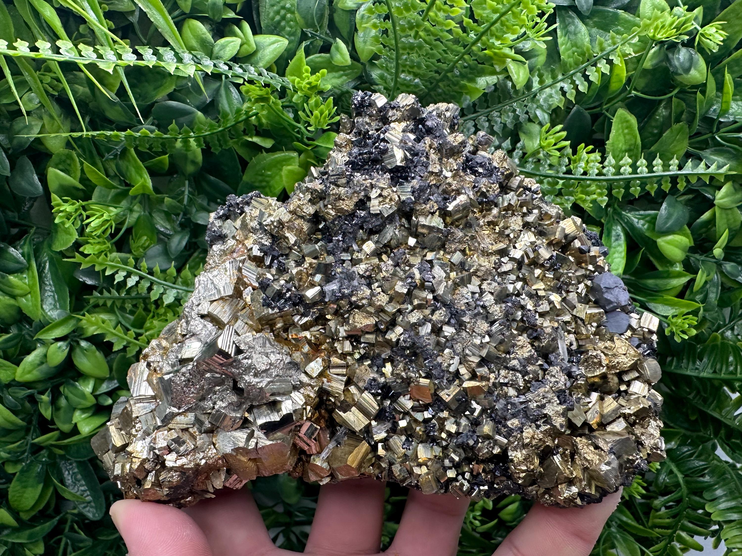 Rainbow Pyrite Cluster on Sphalerite, Borieva Mine Mineral Specimen