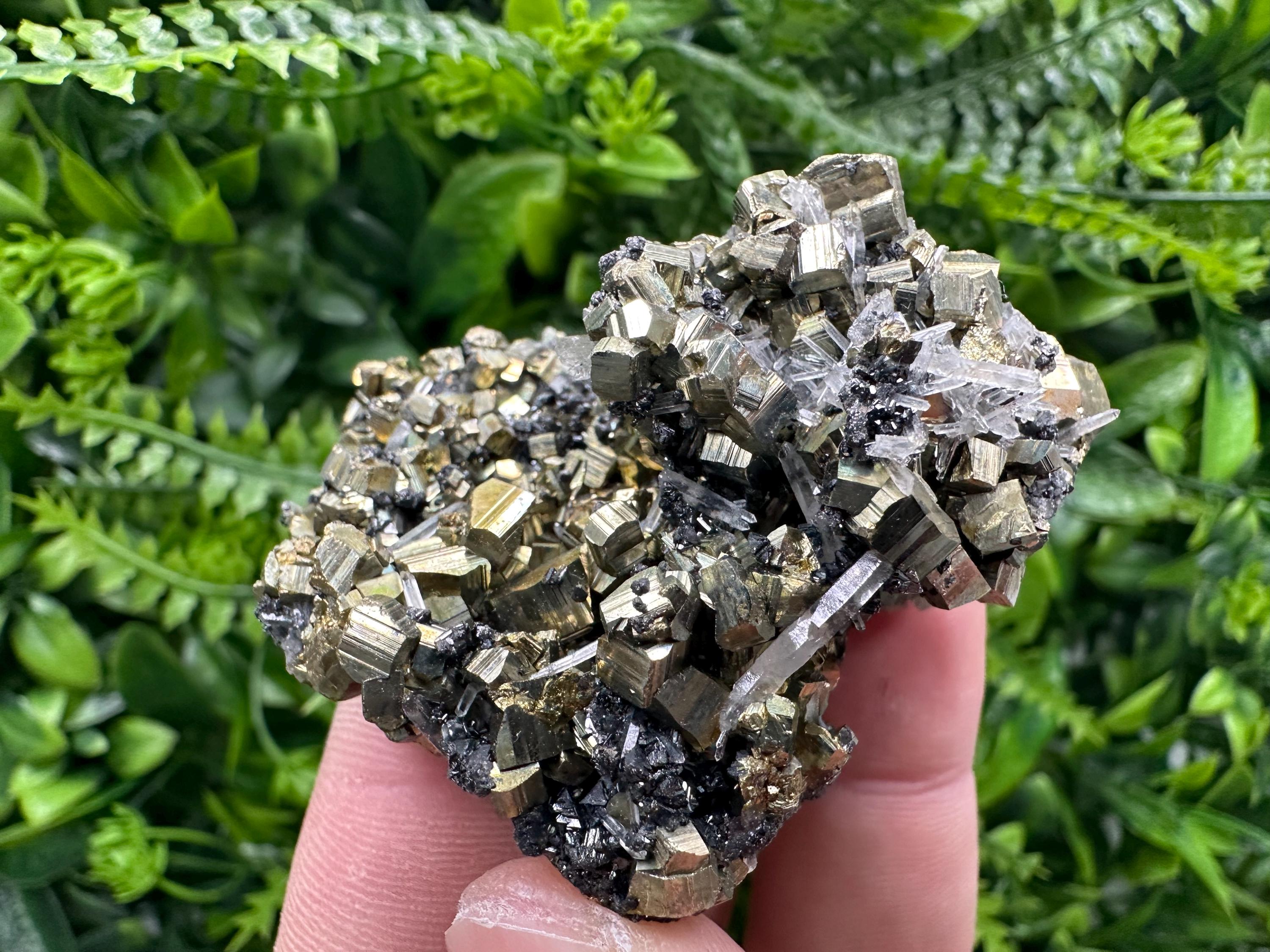 Rainbow Pyrite Cluster on Sphalerite Quartz, Bulgaria Mineral Specimen