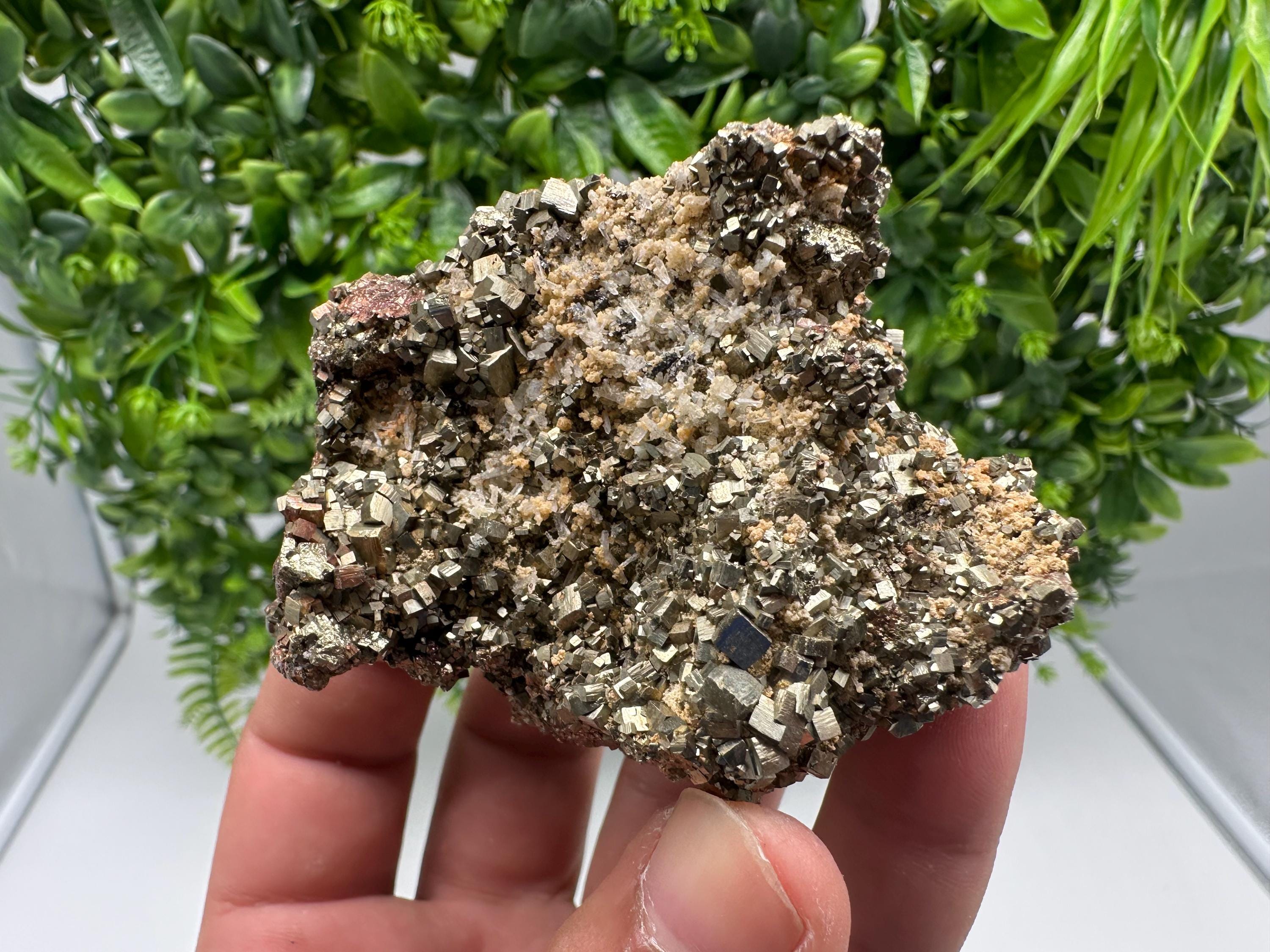 Rainbow Pyrite with Calcite, Natural Crystal Mineral Specimen, Borieva Bulgaria