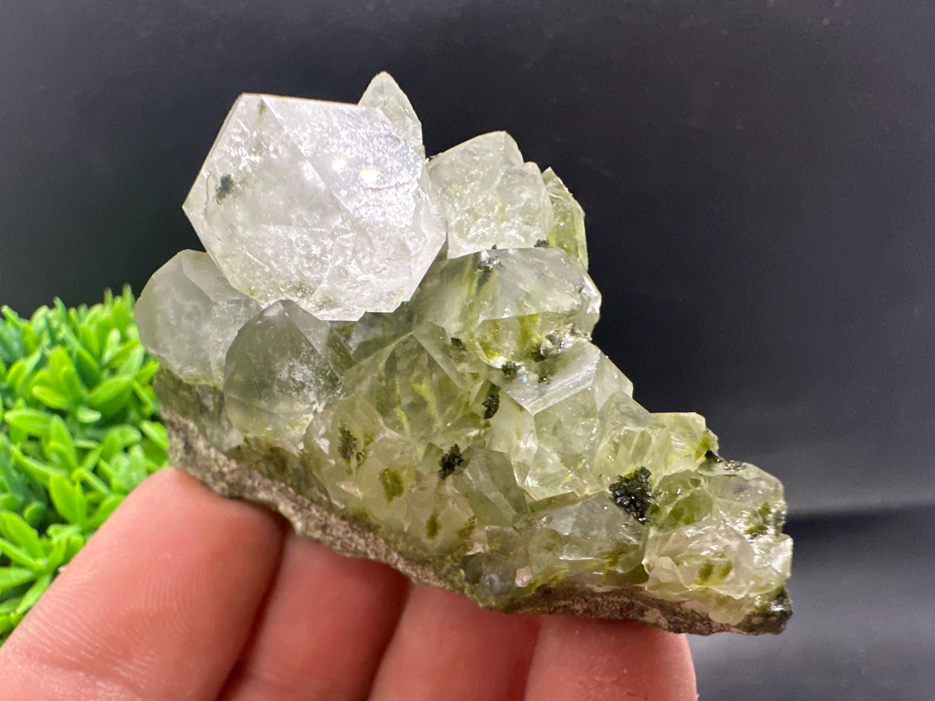 Rare Green Epidote with Quartz Crystals: Sparkly Rainbow Mineral Decor