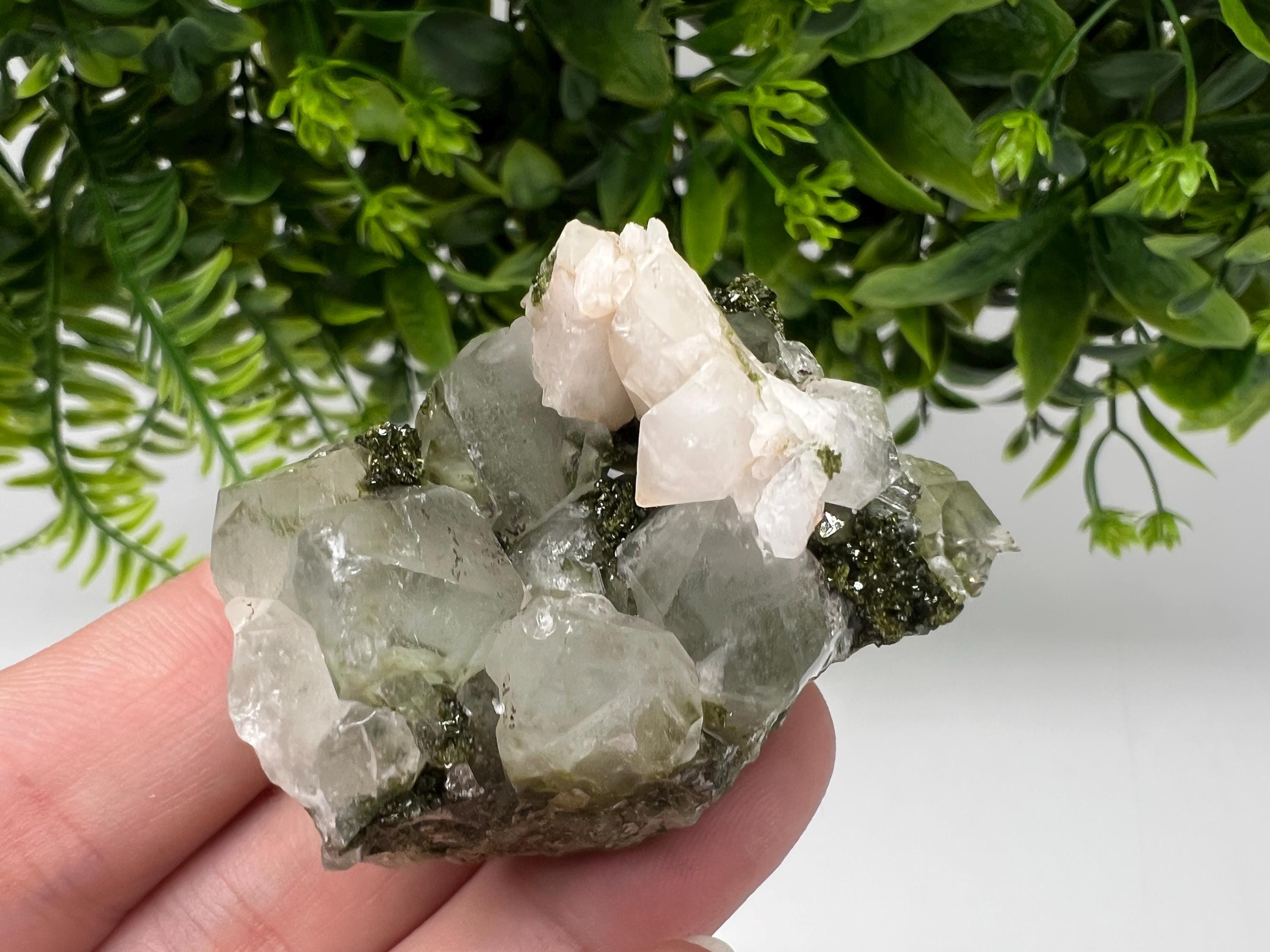 Green Epidote with Quartz Crystals: Rainbow Sparkle, Eastern Anatolian Mineral