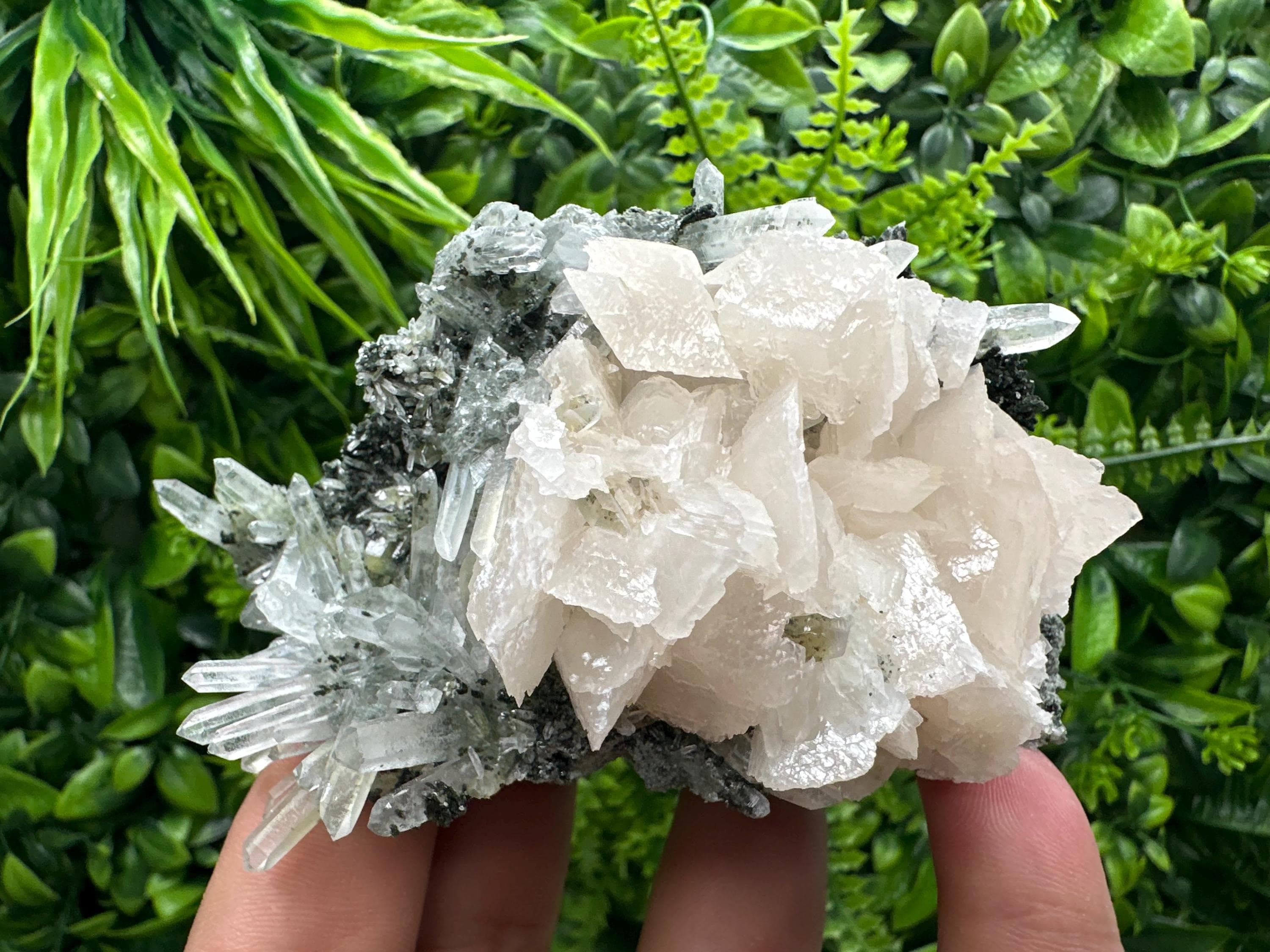 Calcite on Quartz with Chlorite, Borieva Mine Mineral Specimen