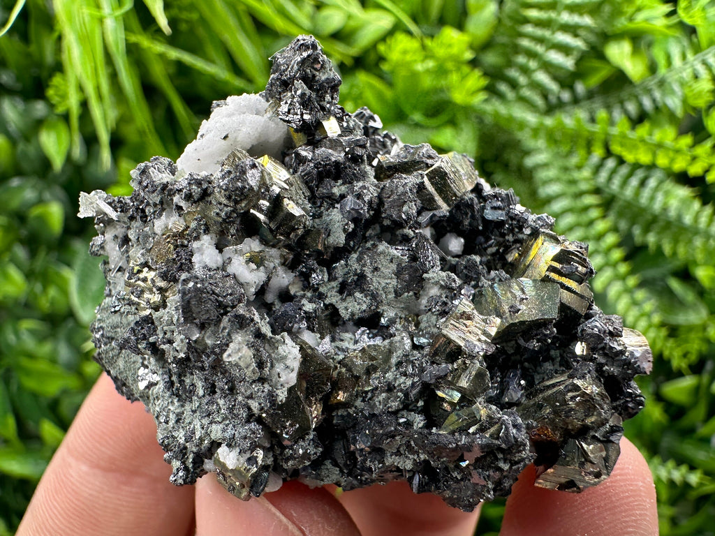 Rainbow Pyrite on Sphalerite and Quartz from Borieva Mine, Bulgaria
