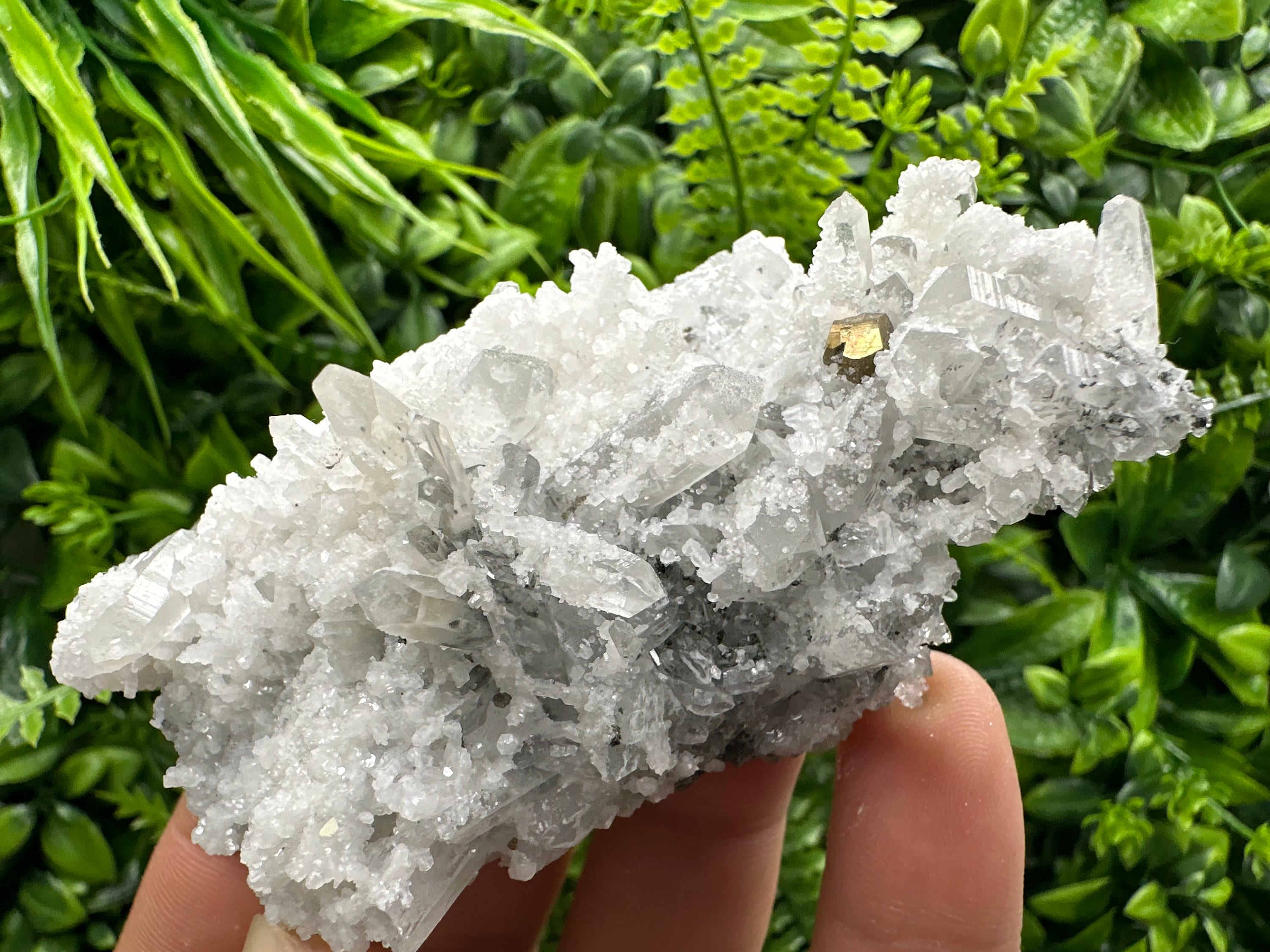 Pyrite on Quartz with Calcite: Borieva Mine, Bulgaria