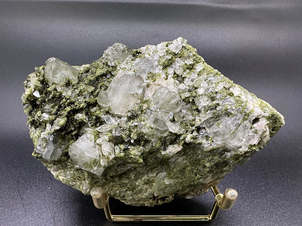 Rare Green Epidote with Quartz Crystals: Sparkly Rainbow Stone Decor