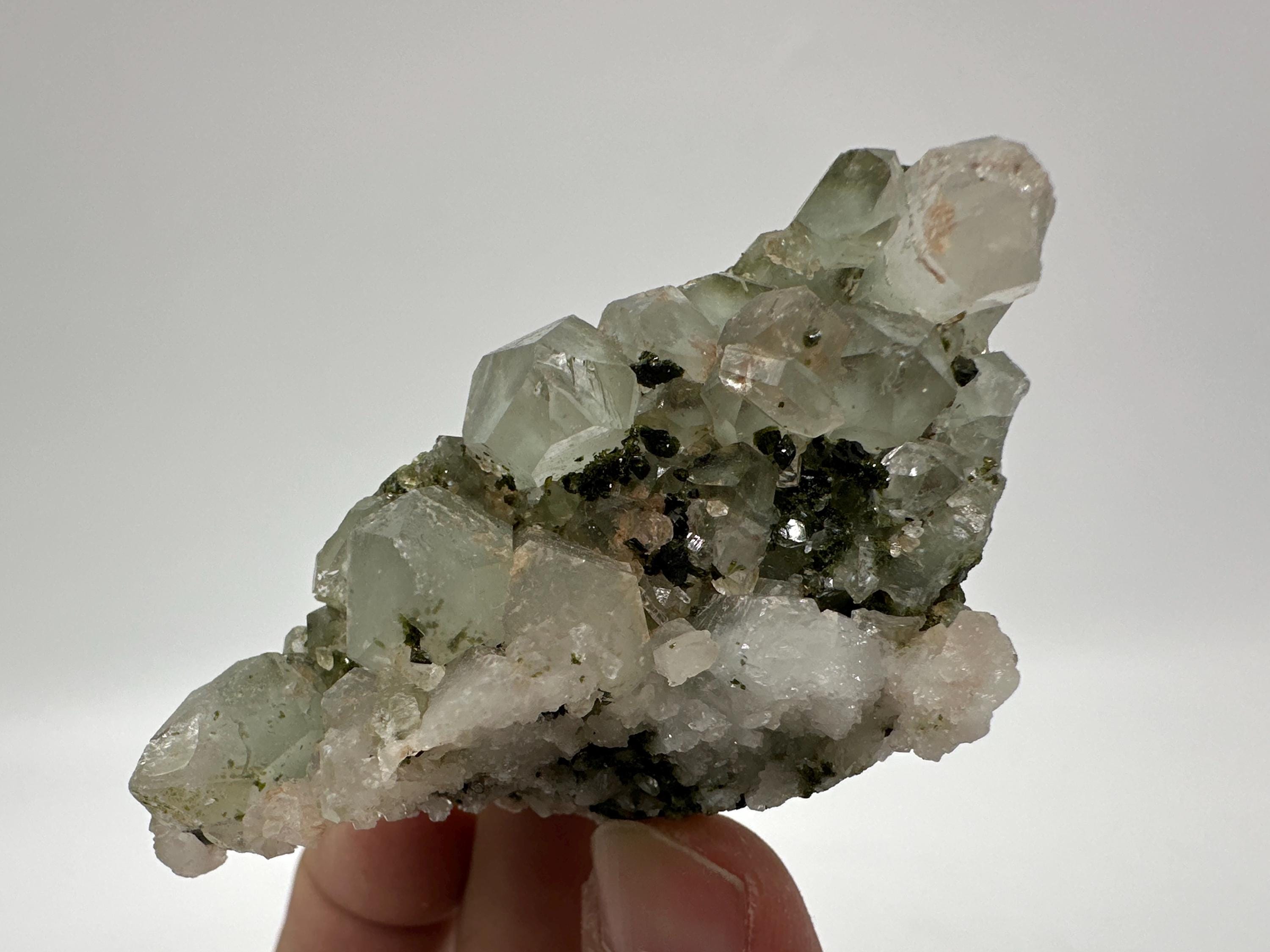 Rare Green Epidote with Quartz Crystals: Sparkly Rainbow Mineral Decor
