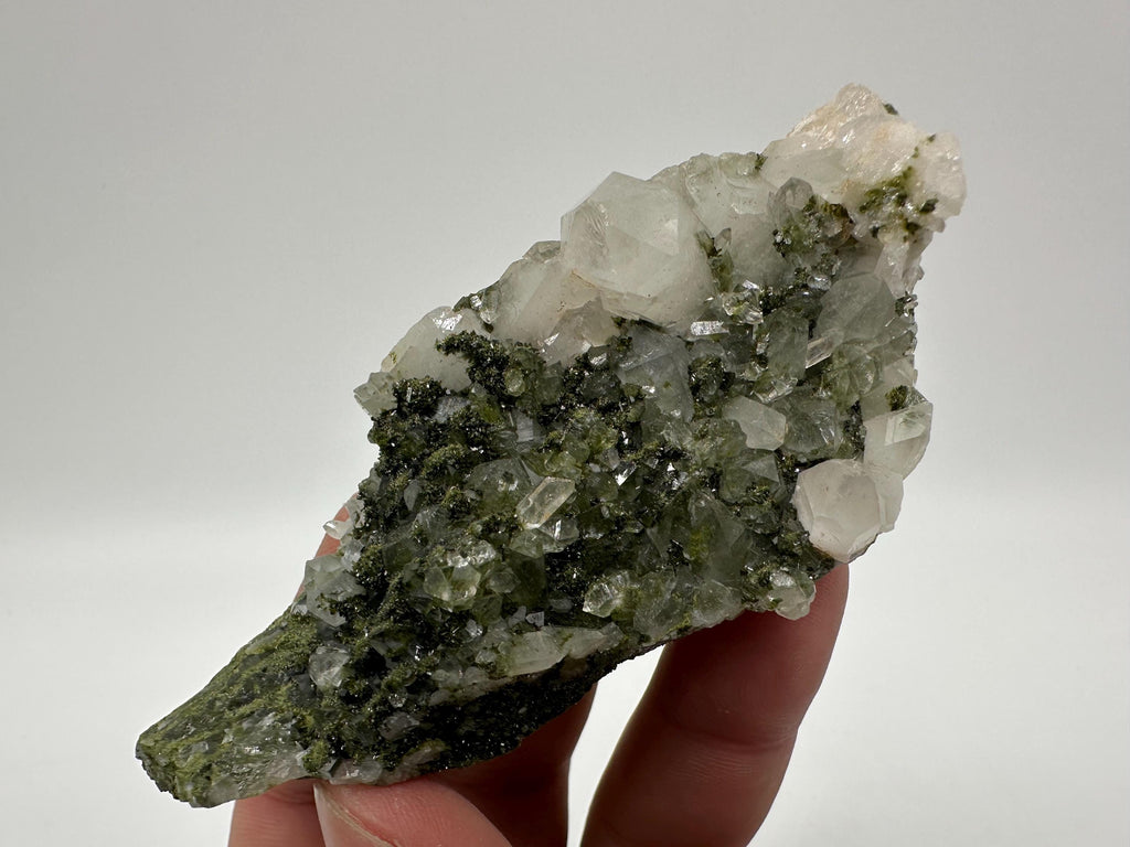 Rare Green Epidote with Quartz Crystals: Sparkly Rainbow Mineral Decor