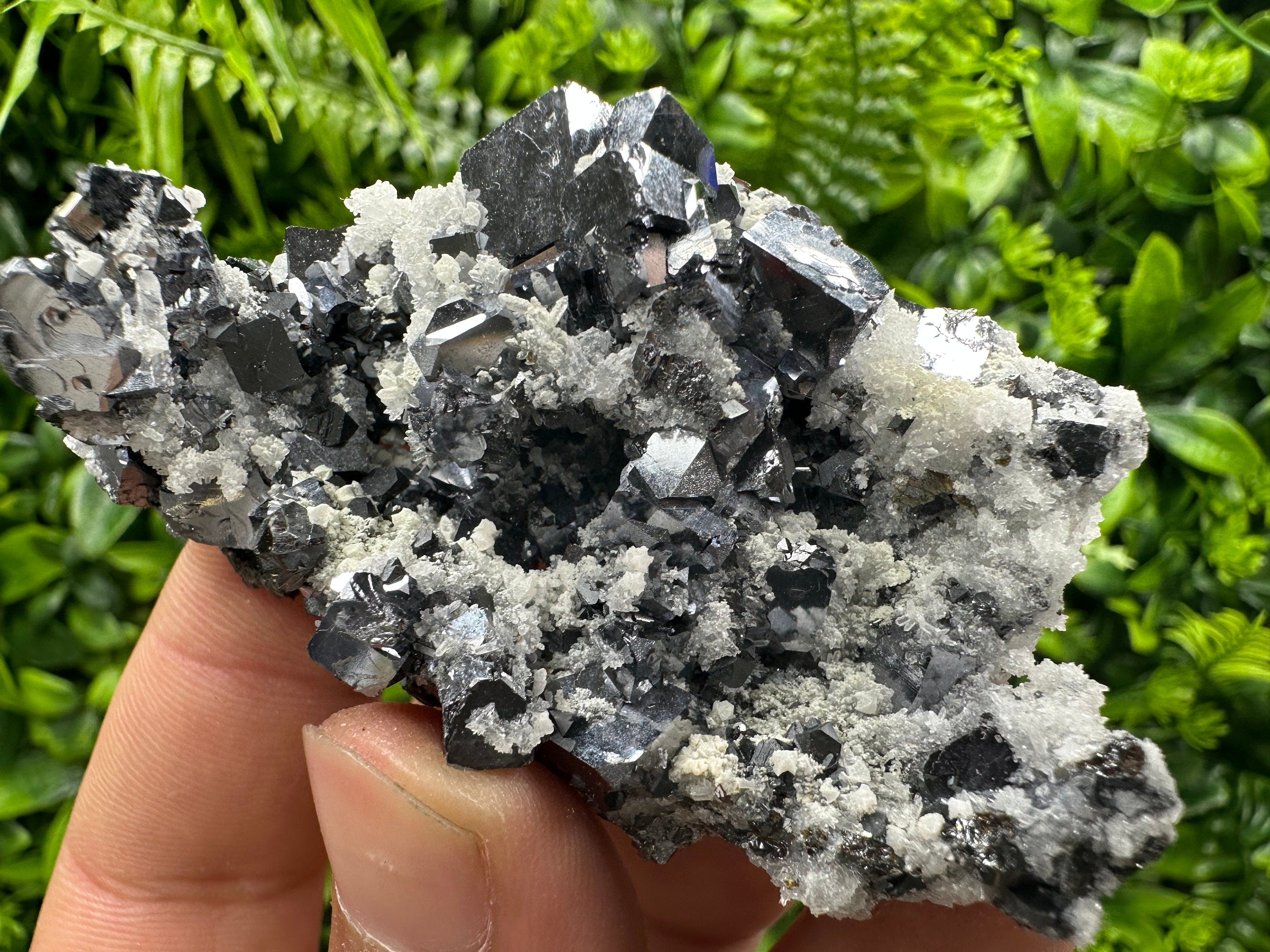 Shiny Skeletal Galena on Quartz with Calcite - Madan Bulgaria Crystal