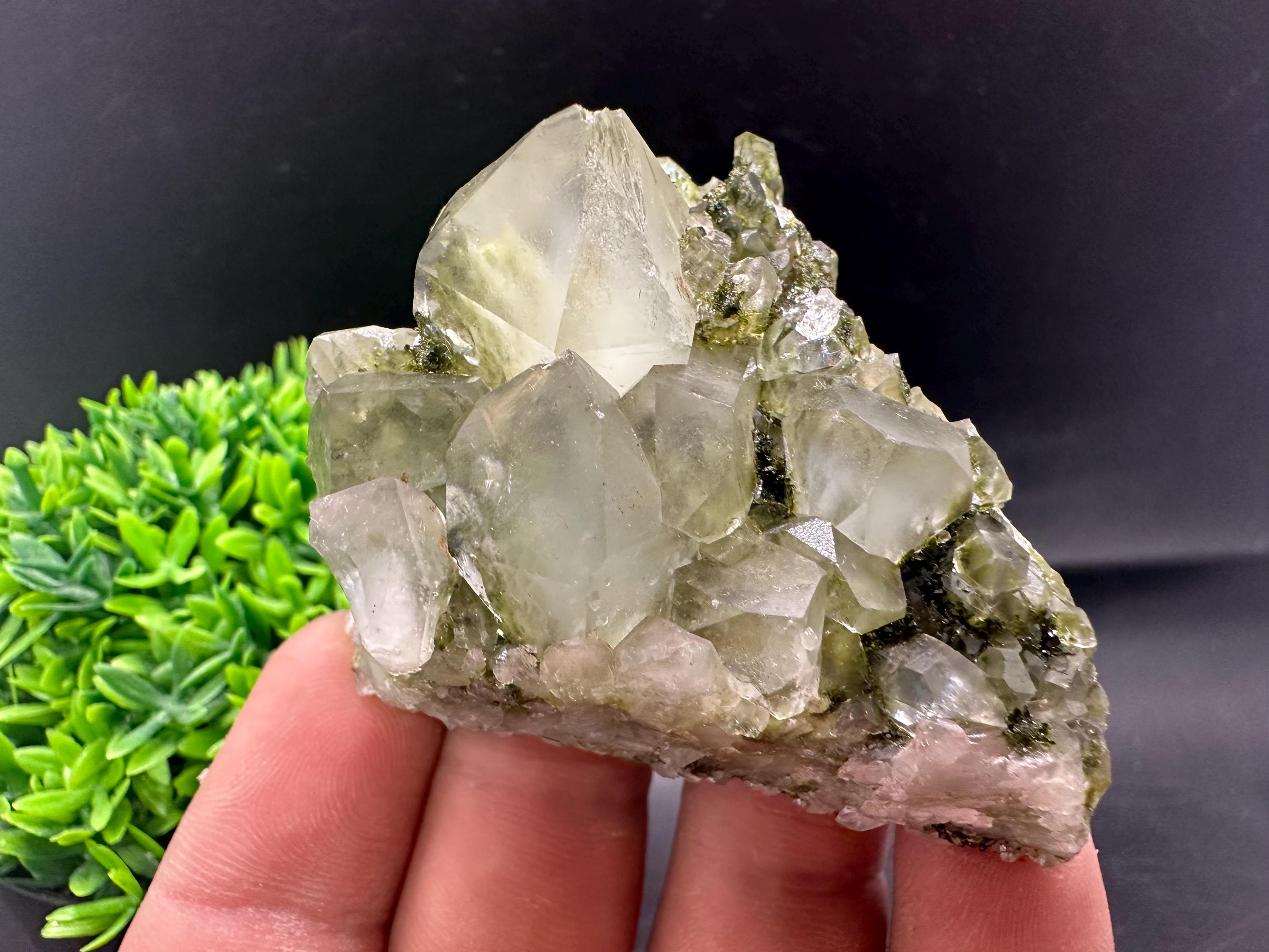Rare Green Epidote with Quartz Crystals: Sparkly Rainbow Mineral Decor