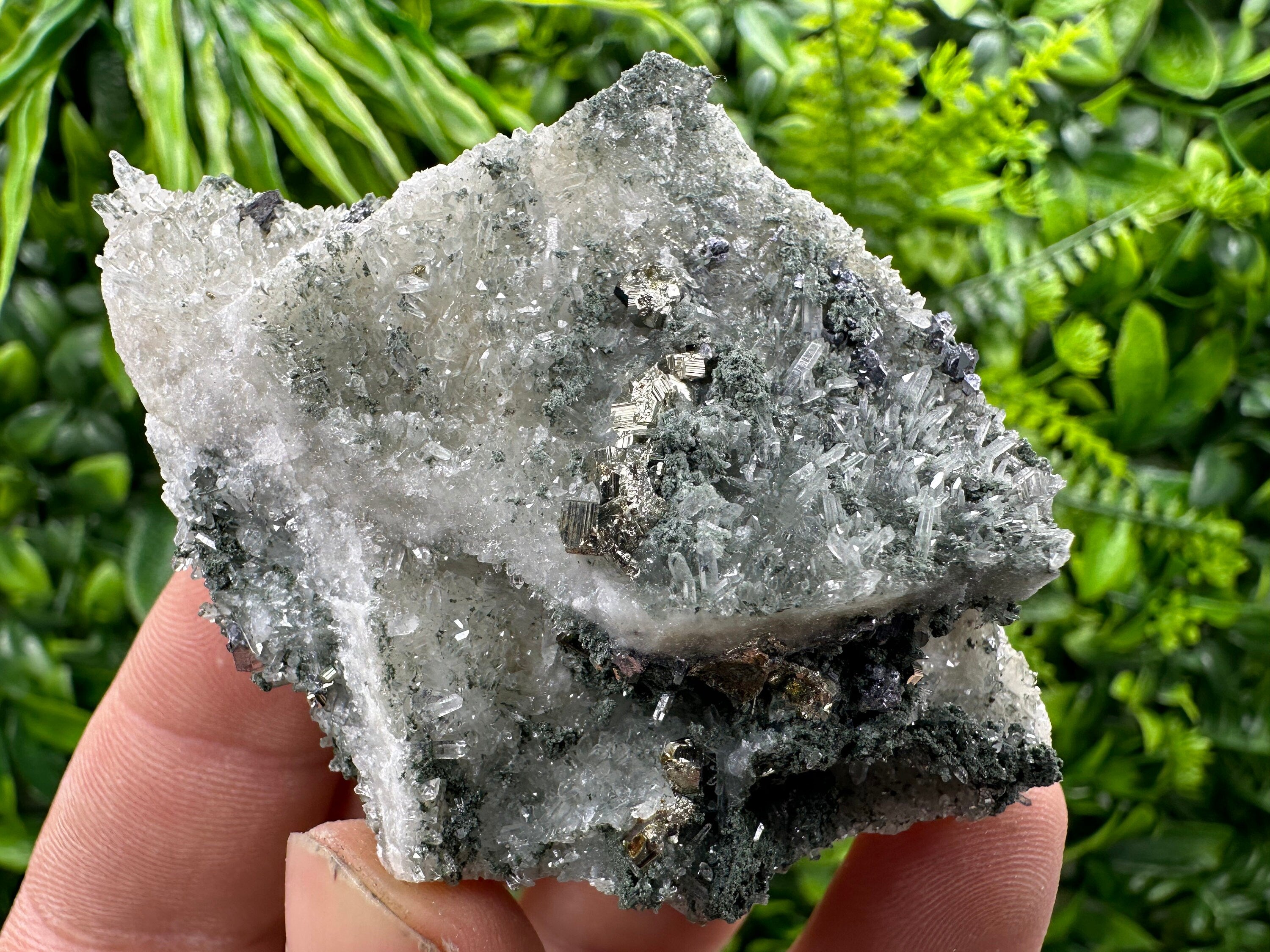 Pyrite on Green Quartz Mineral Specimen, Borieva Mine Bulgaria