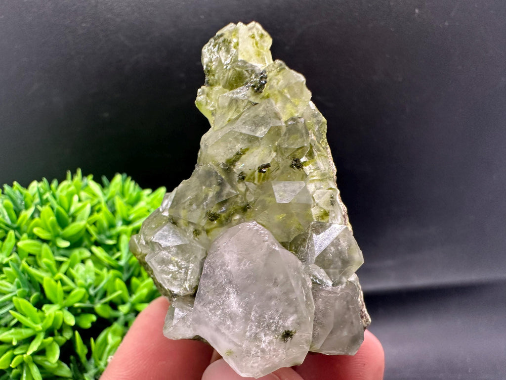 Rare Green Epidote with Quartz Crystals: Sparkly Rainbow Mineral Decor