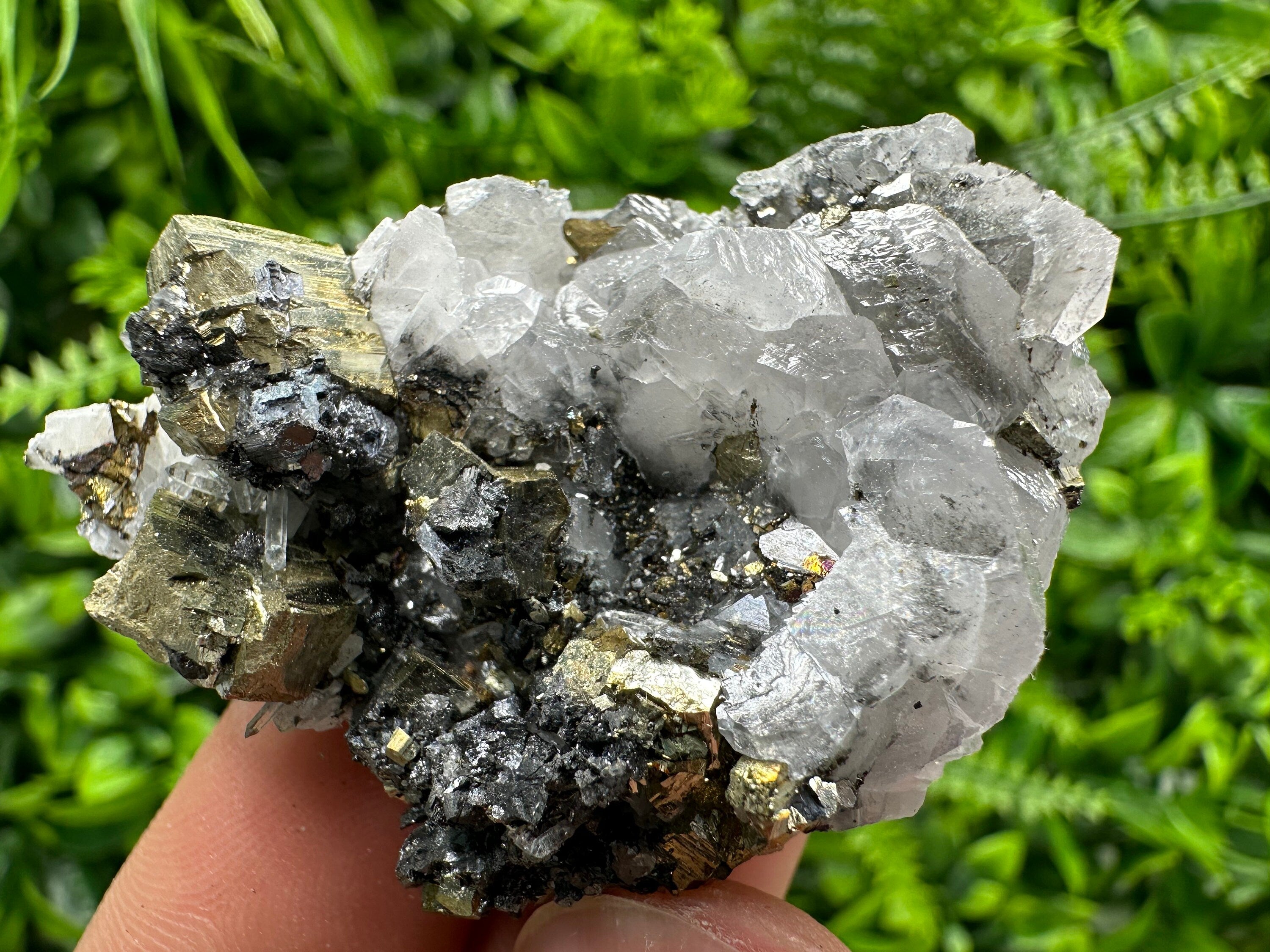 Rainbow Pyrite on Calcite Cluster - Borieva Mine, Bulgaria