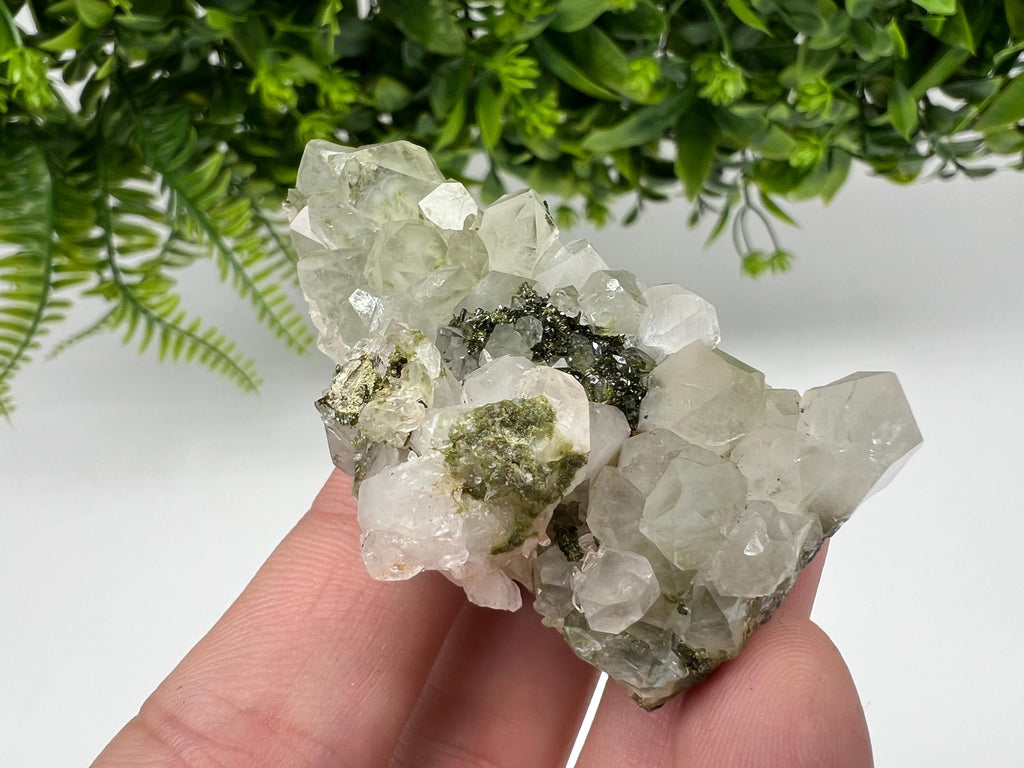 Rare Green Epidote with Quartz Crystals - Sparkly Rainbow Mineral Decor