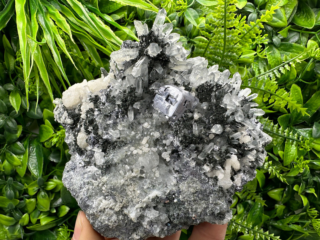 Galena on Quartz with Chlorite and Calcite: Natural Crystal Decor