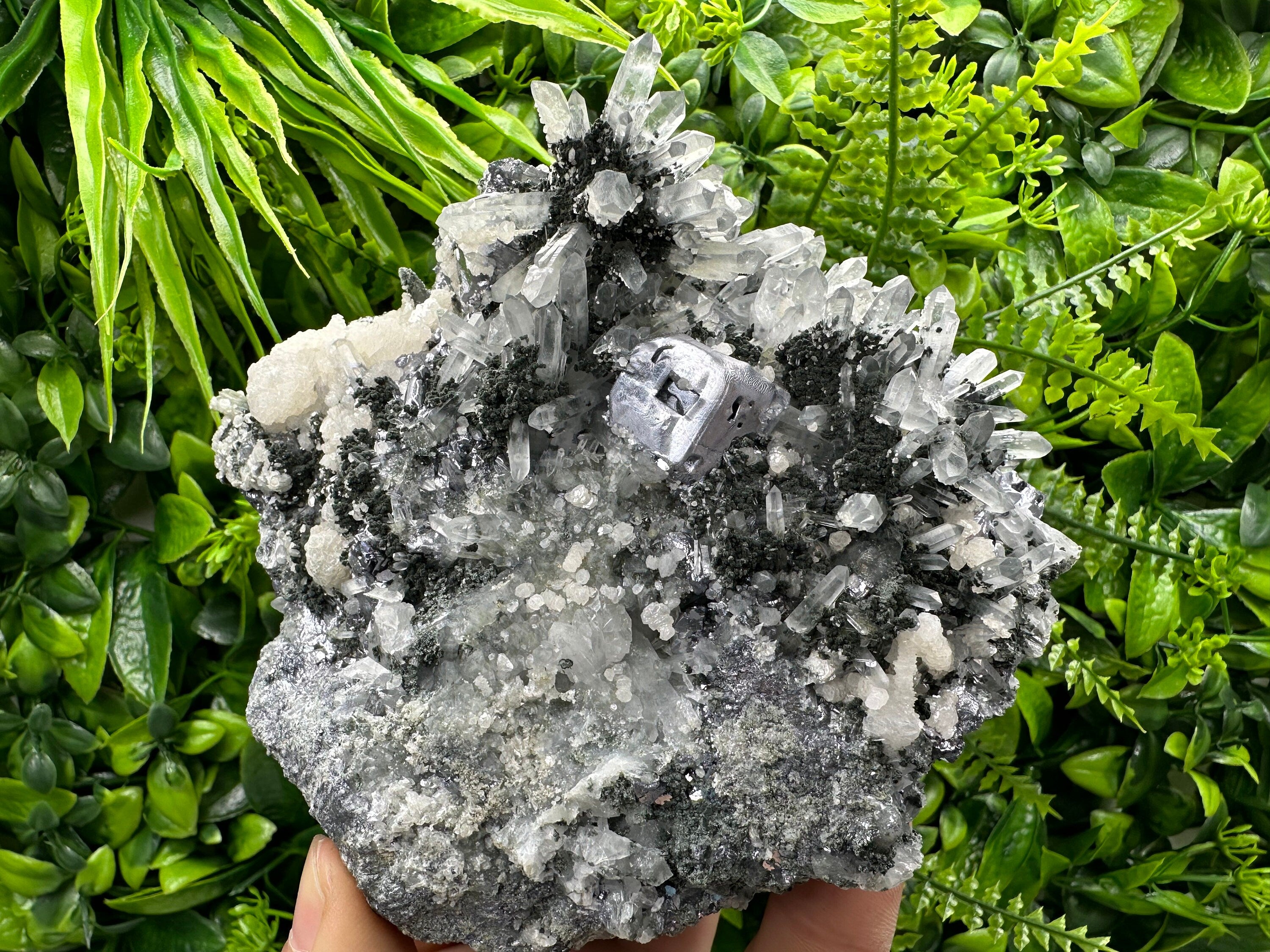 Galena on Quartz with Chlorite and Calcite: Natural Crystal Decor