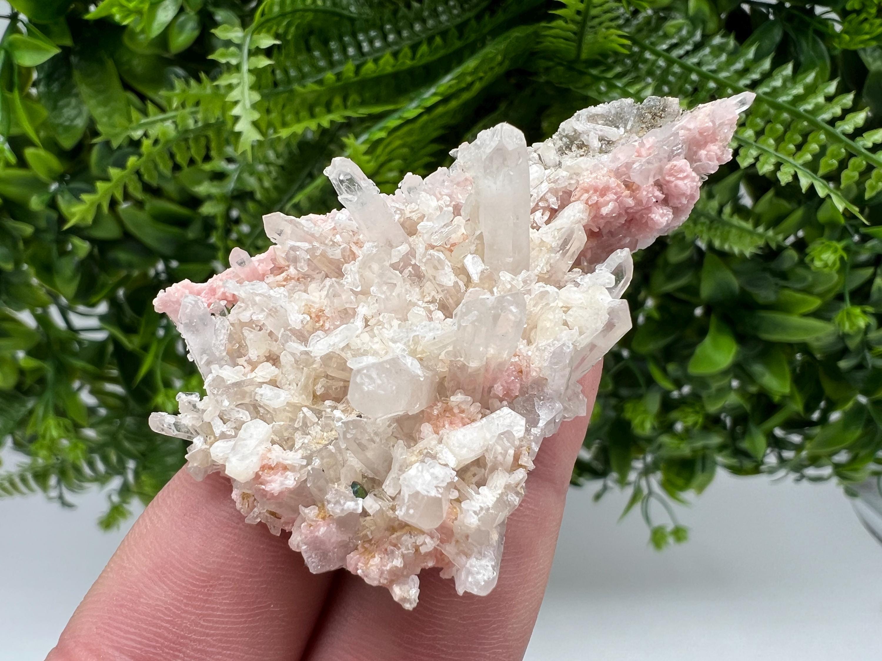 One beautiful cabinet size specimen of rhodochrosite, overgrowth by well-terminated quartz crystals Starnica mine Davidcovo area Bulgaria