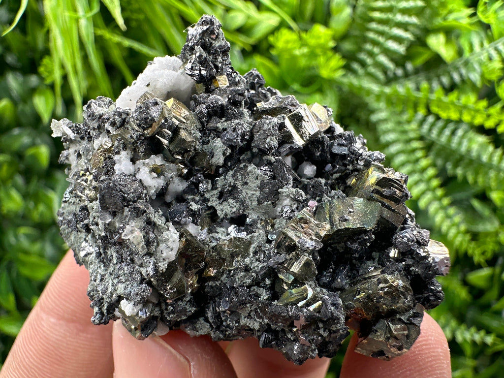 Rainbow Pyrite on Sphalerite and Quartz from Borieva Mine, Bulgaria