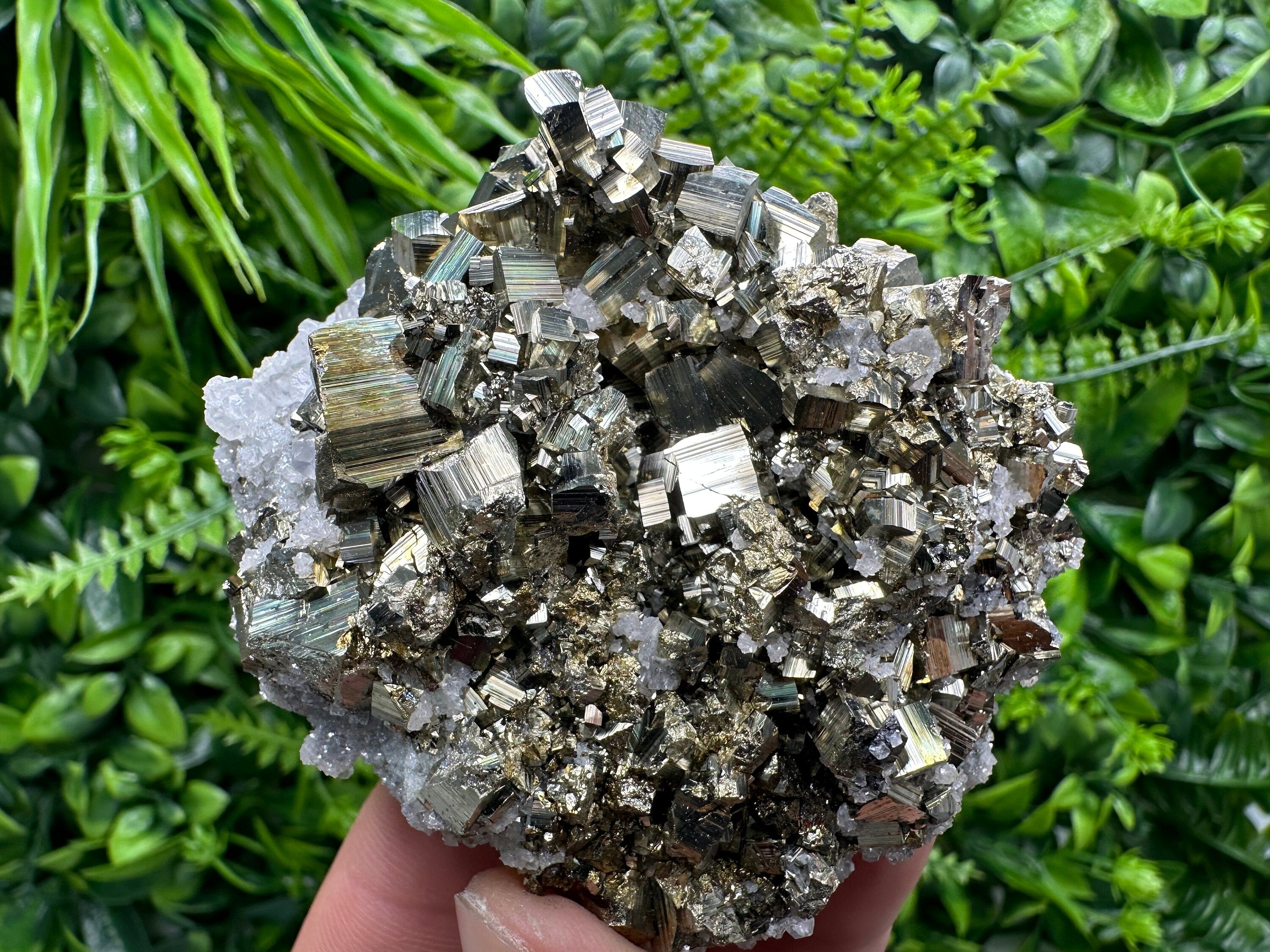 Rainbow Pyrite on Calcite Cluster, Bulgaria Mineral Specimen