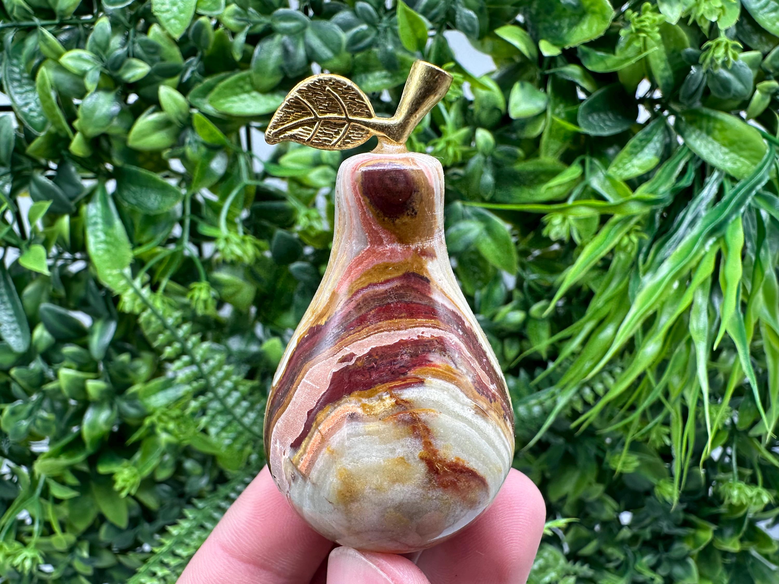 Handcrafted Marbled Onyx Pear Sculpture: Natural Stone Decor