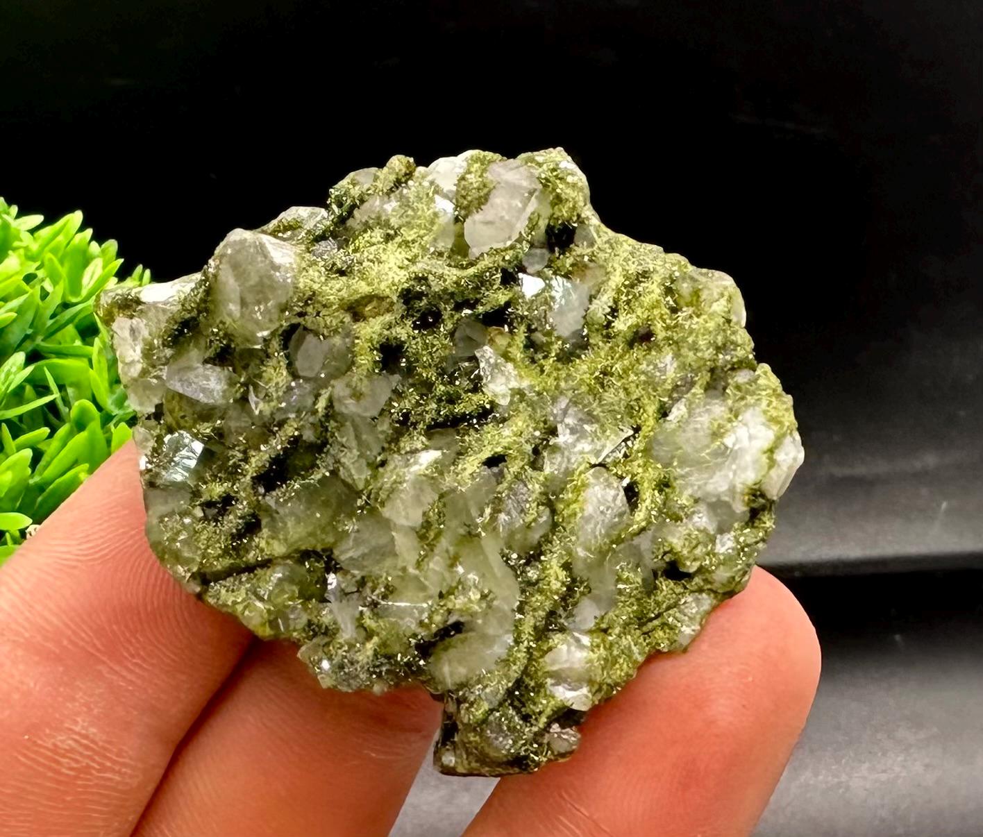 Rare Green Epidote with Quartz Crystals: Sparkly Rainbow Stone, Turkey