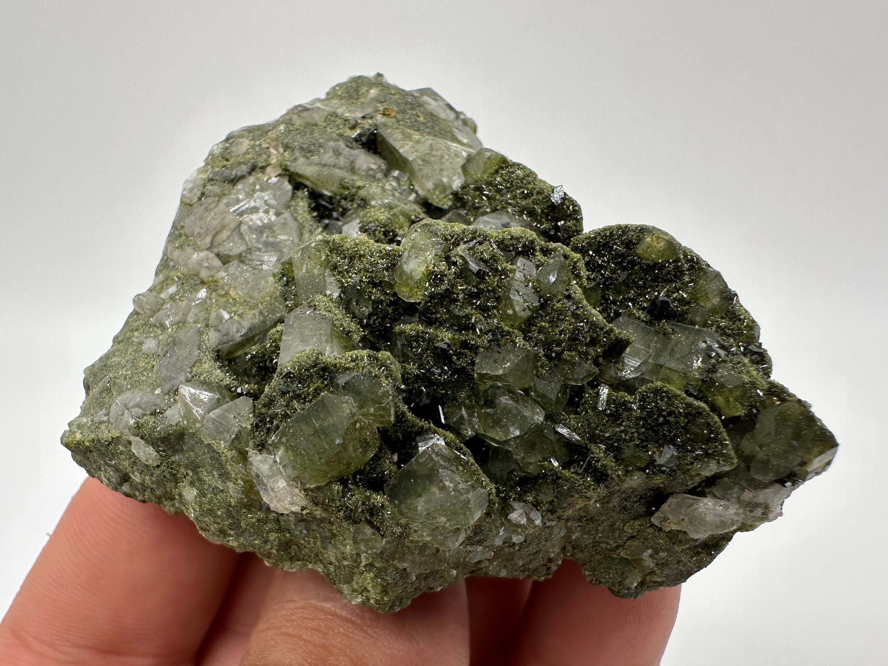 Rare Green Epidote with Quartz Crystals: Sparkly Rainbow Mineral Decor