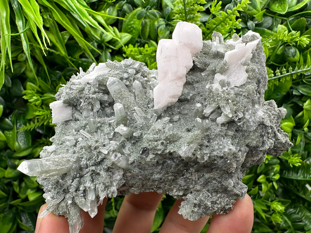 Mangano Calcite on Quartz with Chlorite, Borieva Mine Mineral Specimen