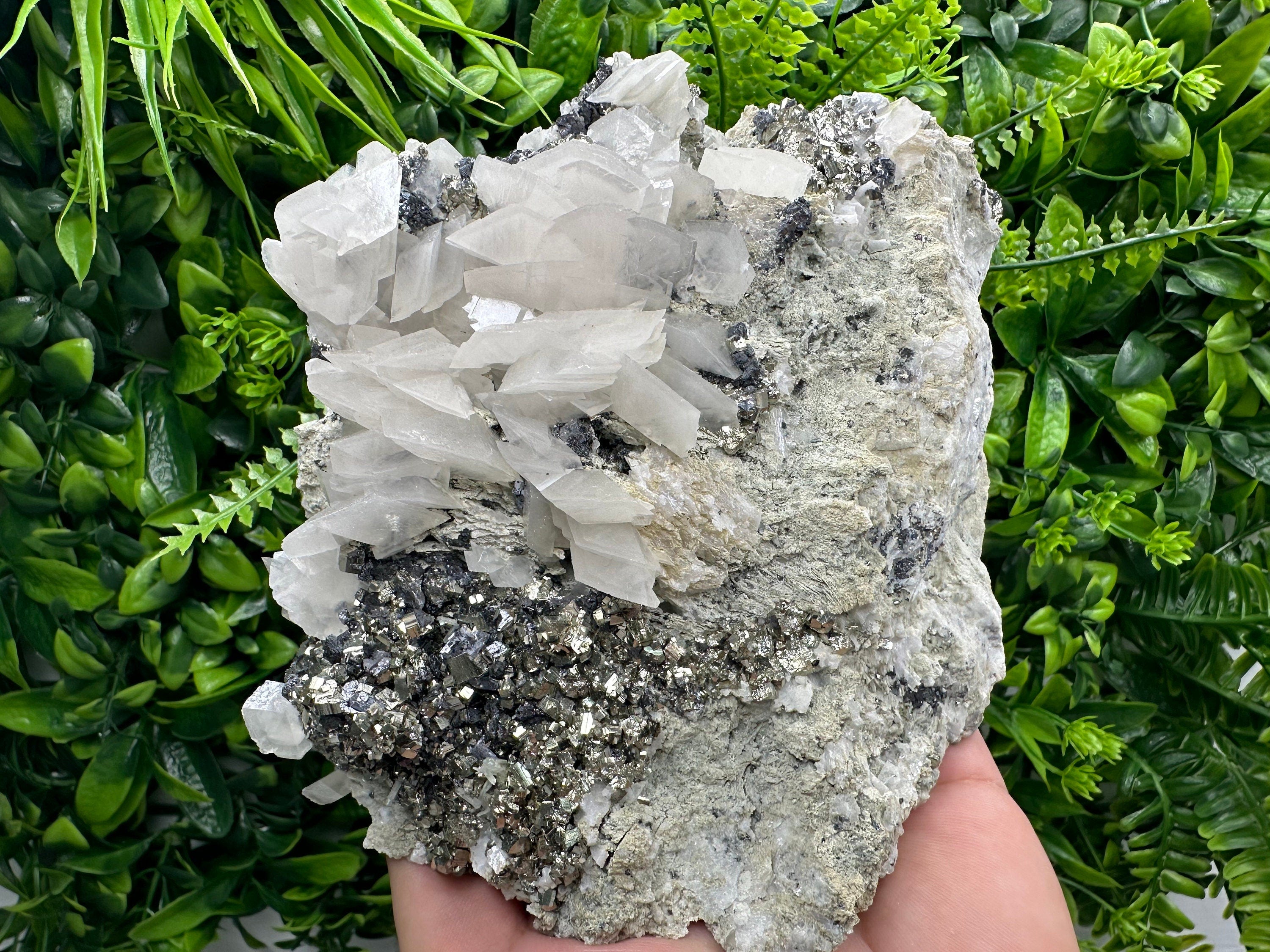Golden Pyrite with Calcite on Matrix, Borieva Mine Mineral Specimen