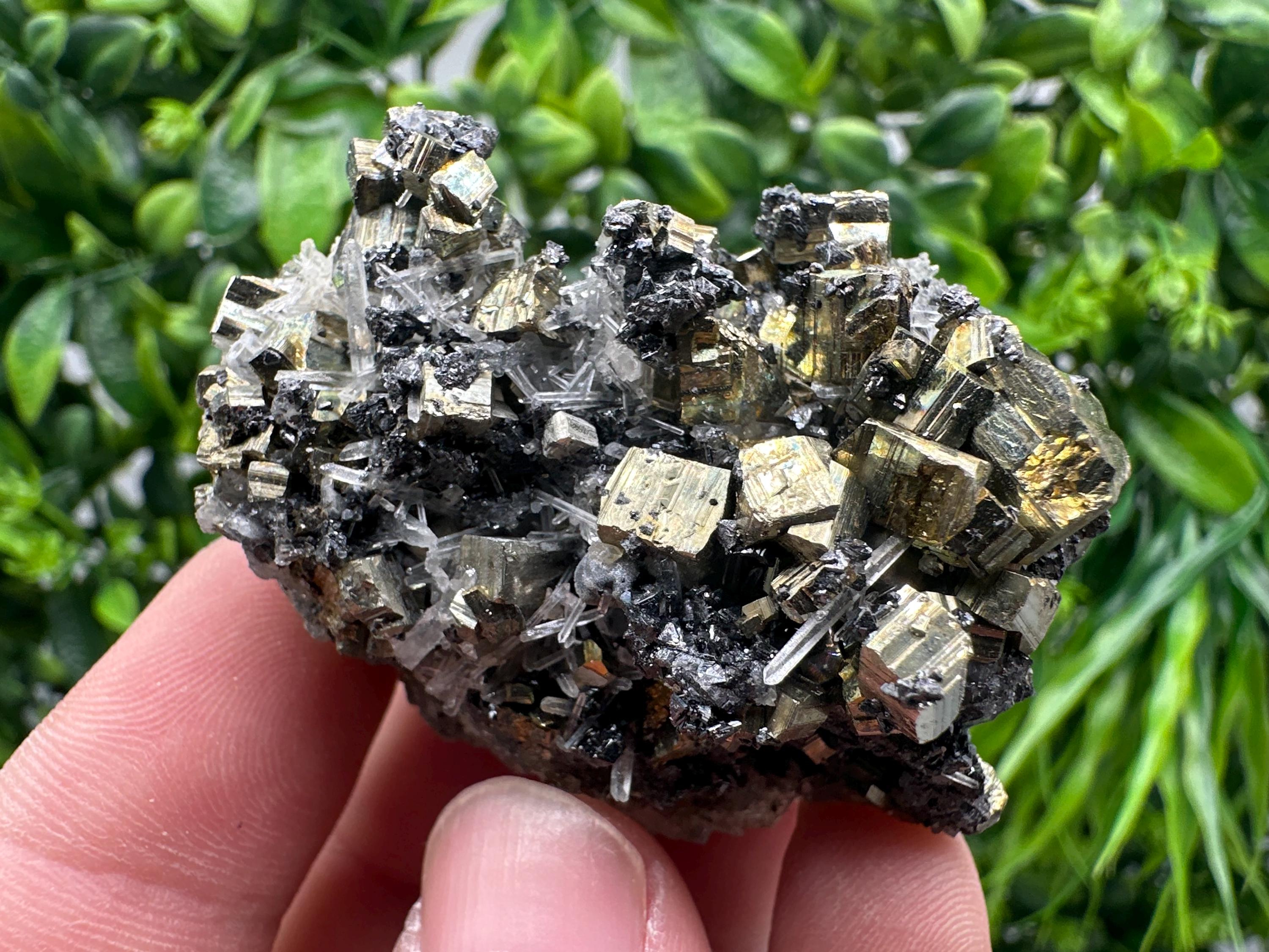 Wonderful Rainbow pyrite,Sphalerite on needles Quartz,natural minerals souvenir crystal gift collection stone,home decor Borieva Bulgaria