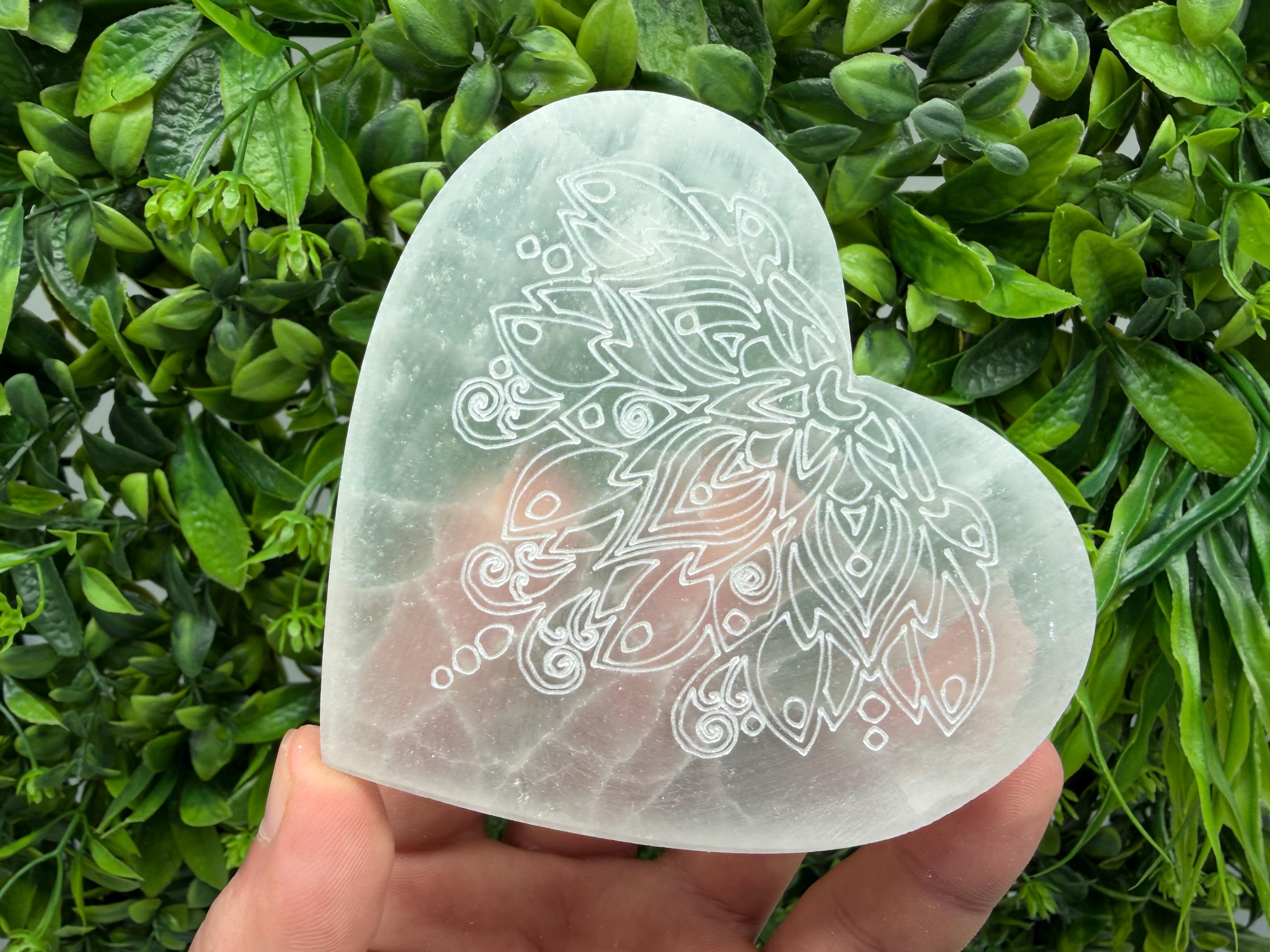 Selenite Heart Charging Plate with Lotus Flower Engraving – Crystal Altar Decor