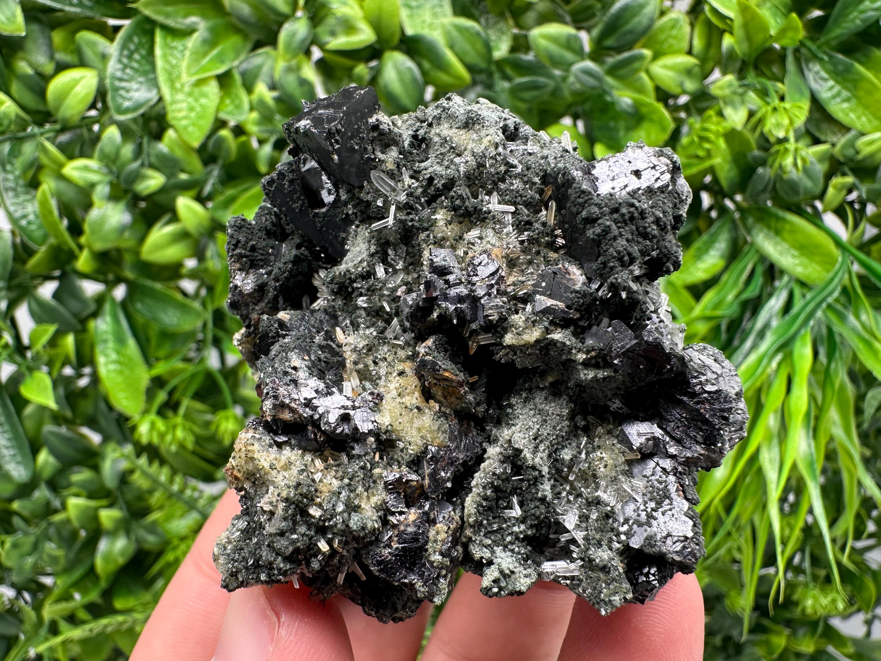 Sphalerite on Quartz with Epidote and Chlorite, Bulgaria Mineral Specimen
