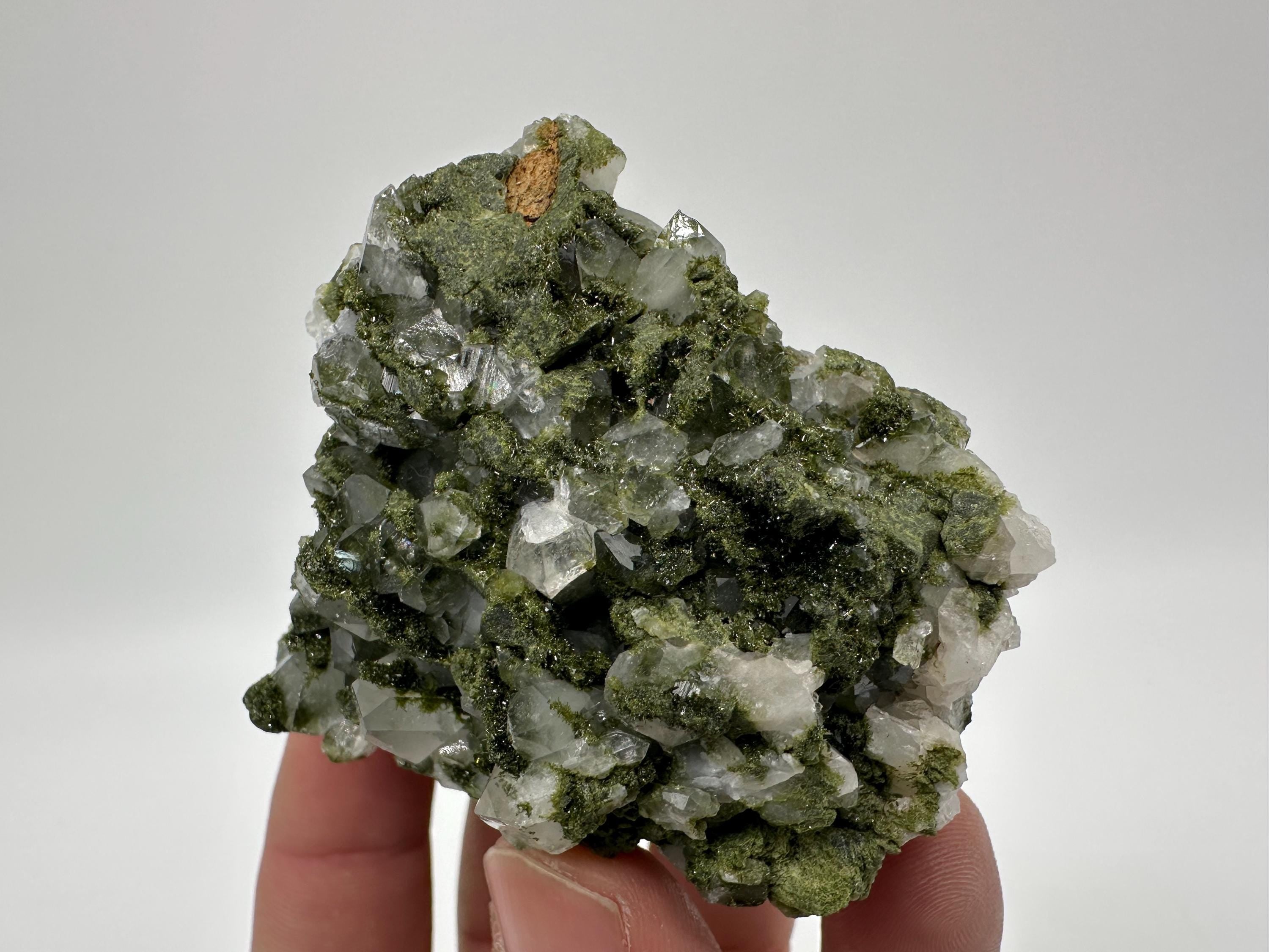 Rare Green Epidote with Quartz Crystals: Sparkly Rainbow Stone Decor