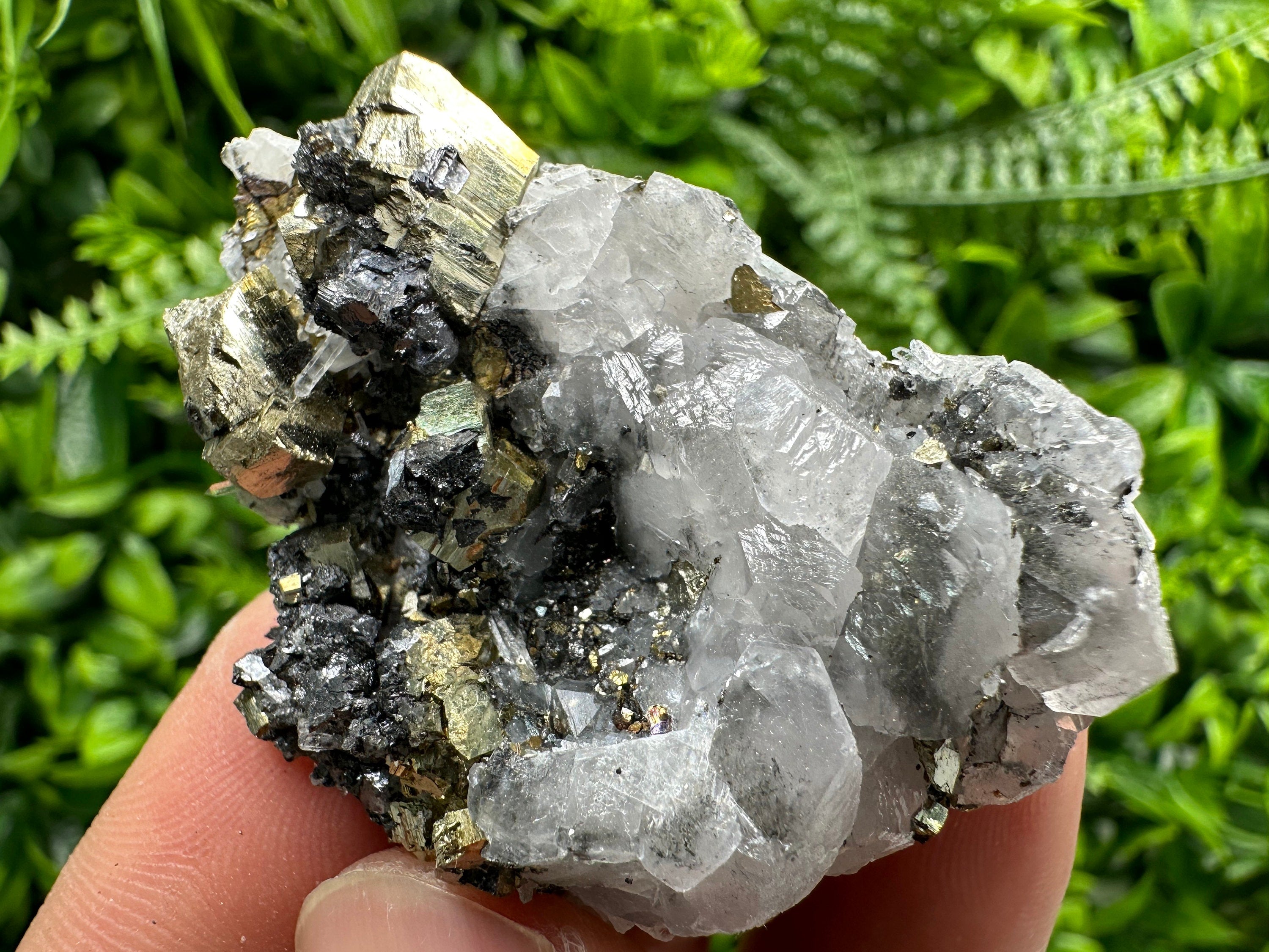 Rainbow Pyrite on Calcite Cluster - Borieva Mine, Bulgaria