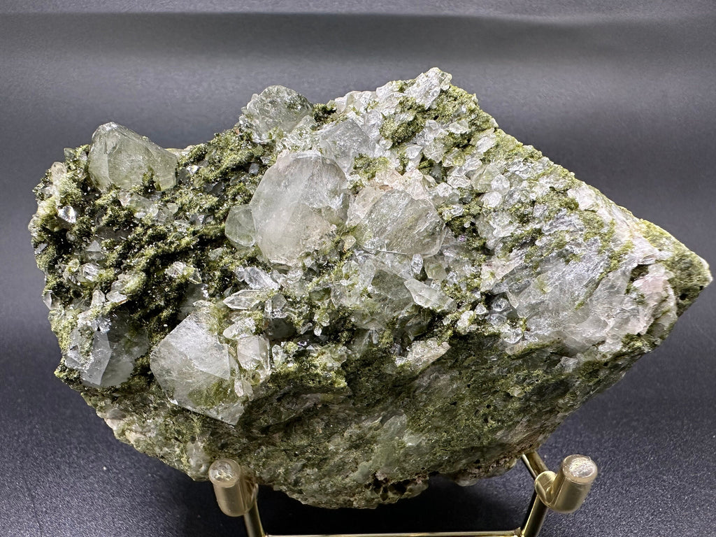 Rare Green Epidote with Quartz Crystals: Sparkly Rainbow Stone Decor