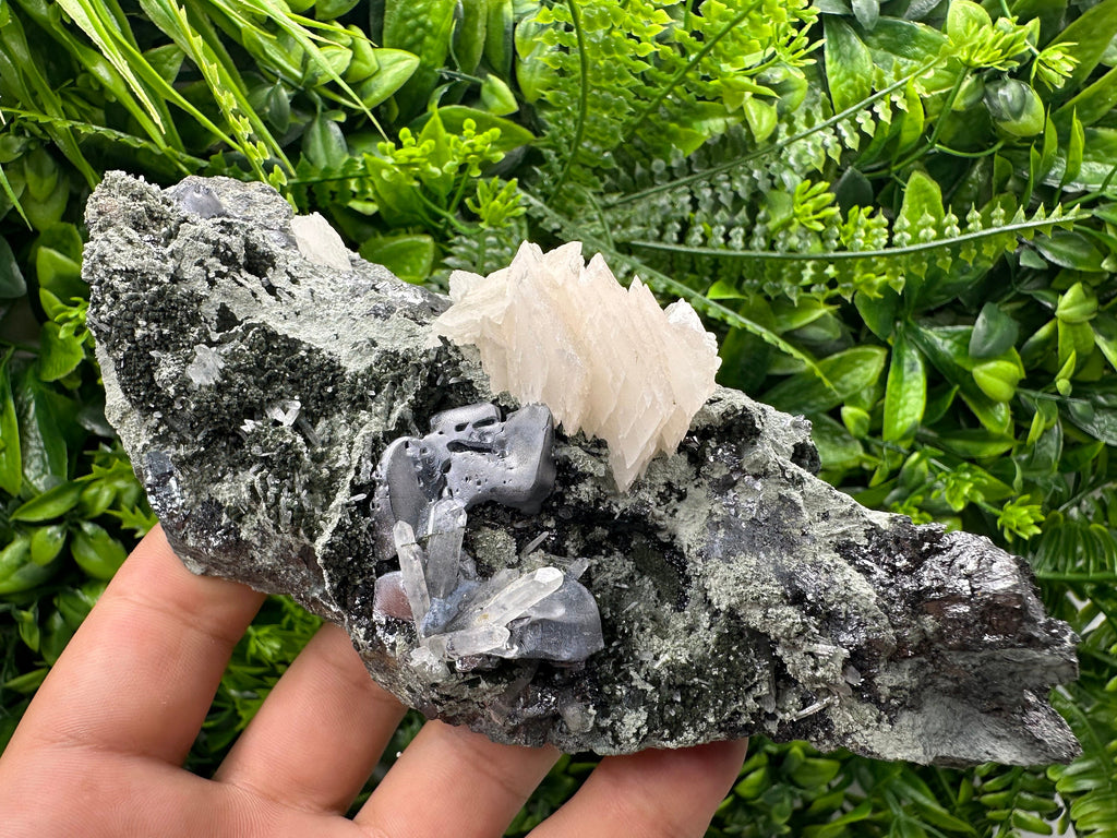 Galena Calcite on Quartz Cluster, Borieva Mine Mineral Specimen