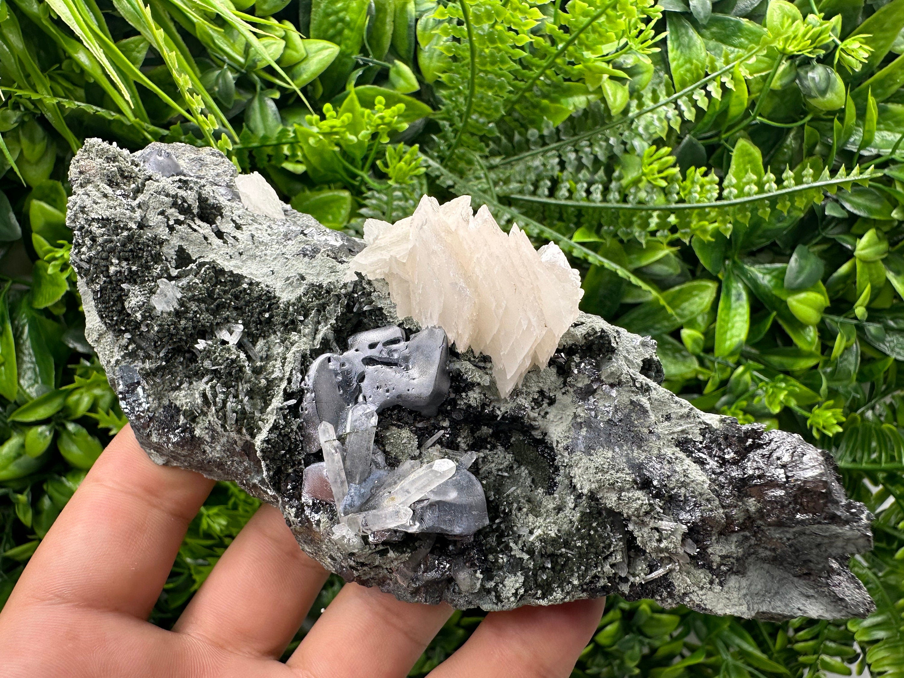 Galena Calcite on Quartz Cluster, Borieva Mine Mineral Specimen