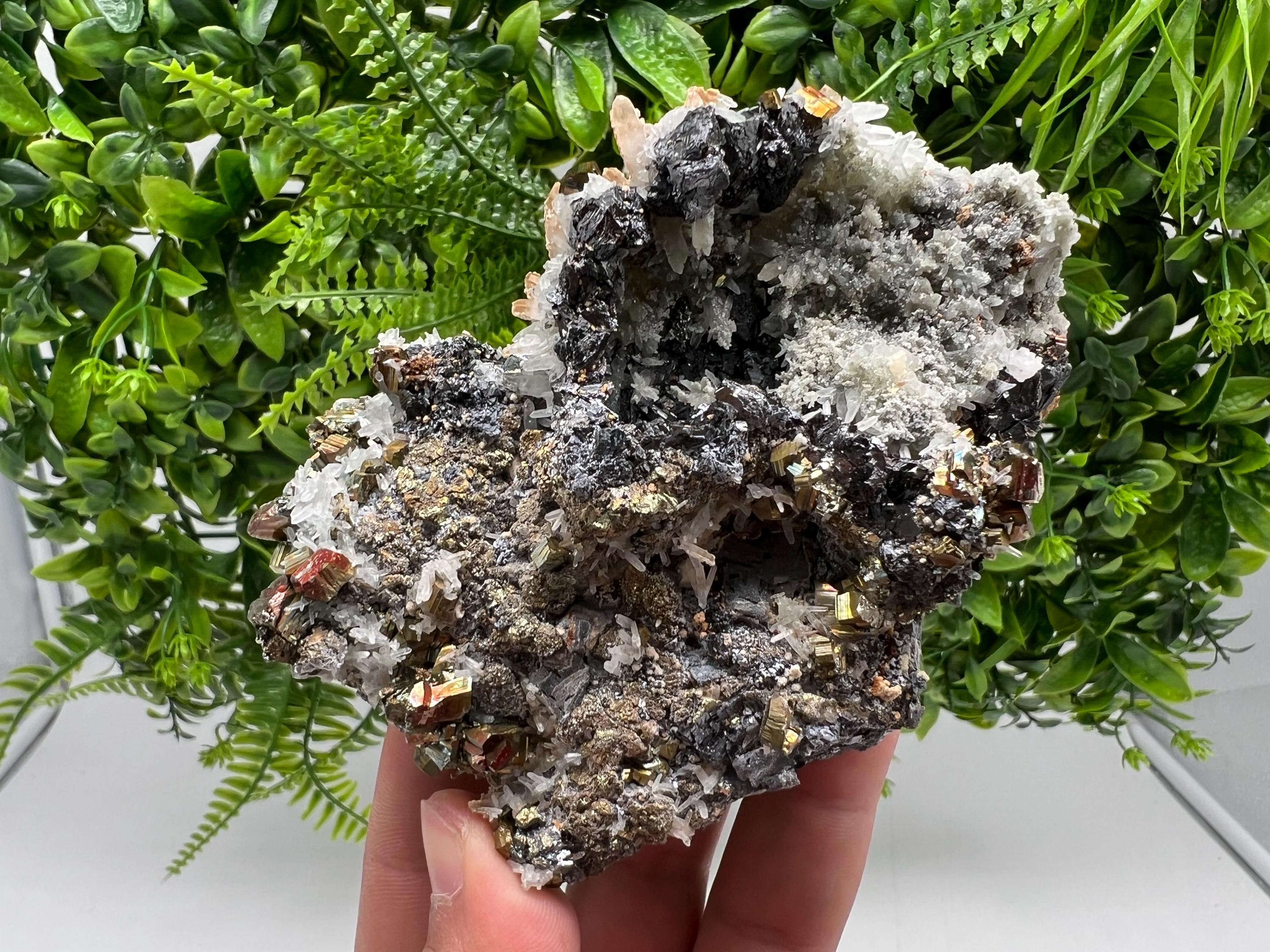 Wonderful Rainbow Pyrite,Sphalerite on Quartz from 9 th September mine,Madan,Bulgaria natural,collectibles mineral specimen,home decor stone
