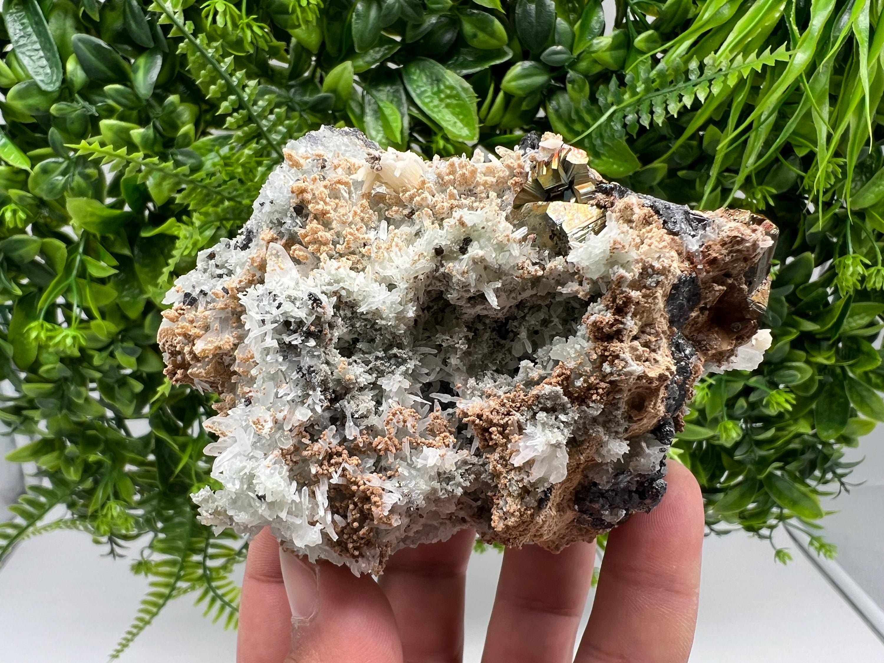 Wonderful Rainbow Pyrite,Sphalerite on Quartz from 9 th September mine,Madan,Bulgaria natural,collectibles mineral specimen,home decor stone