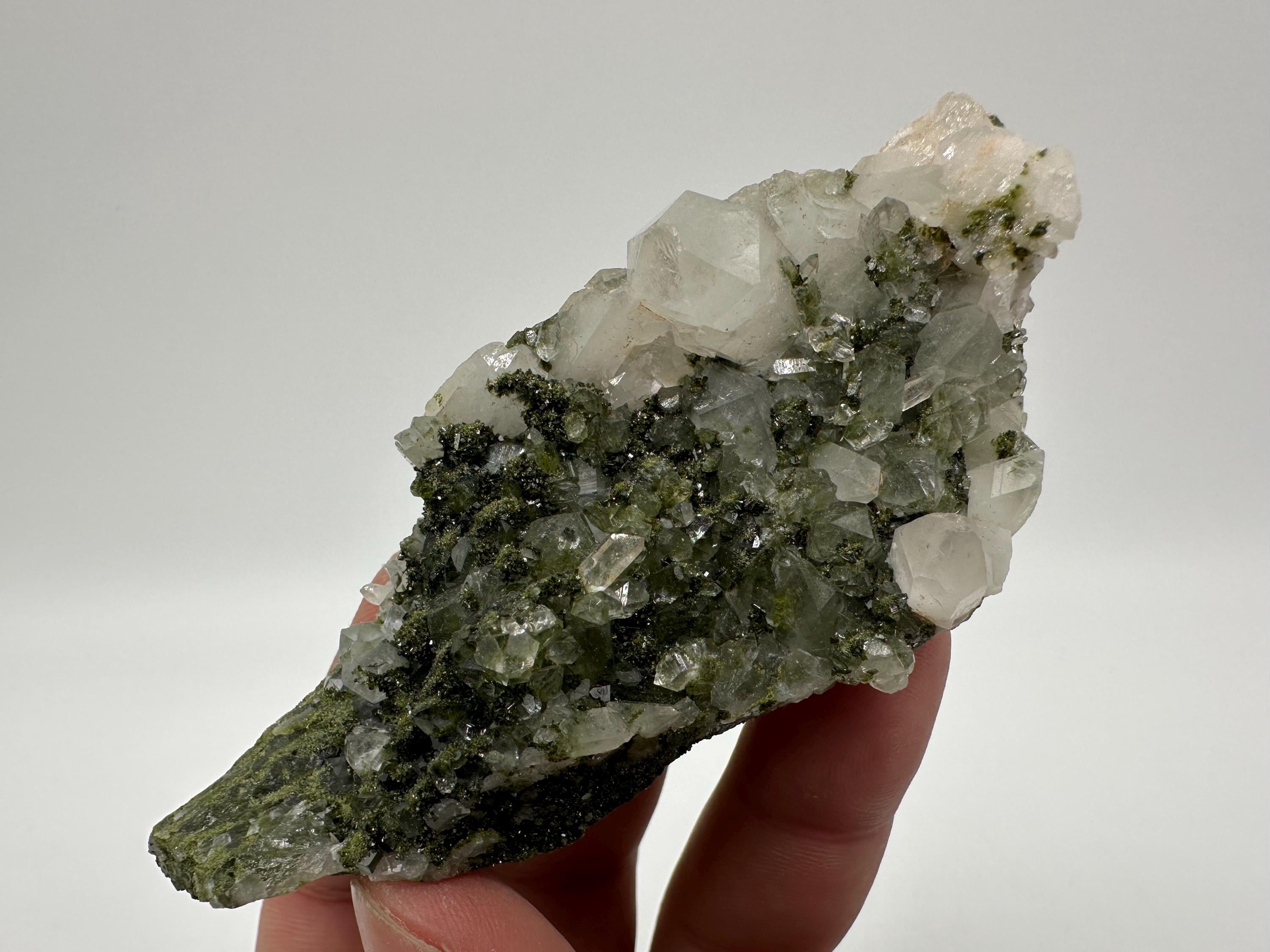 Rare Green Epidote with Quartz Crystals: Sparkly Rainbow Mineral Decor