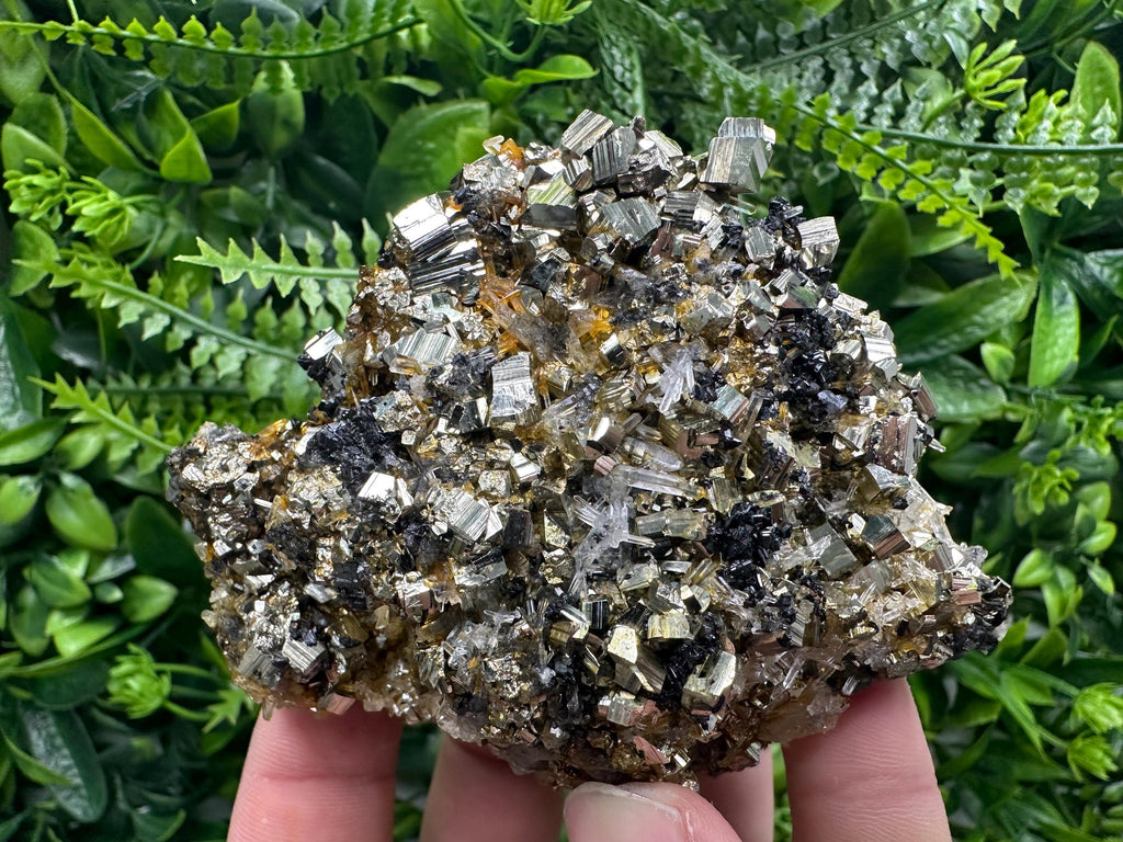 Rainbow Pyrite Cluster on Sphalerite Quartz, Borieva Mine Mineral Specimen